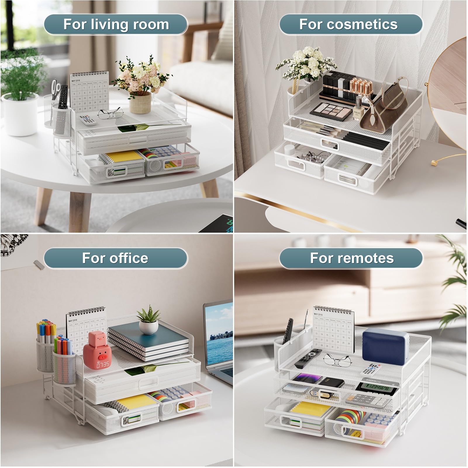 Marbrasse 3 Tier Mesh Desk Organizer with Drawer, Multi-Functional Desk Organizers and Accessories, Paper Letter Organizer with 2 Pen Holder for Home Office Supplies (Black)