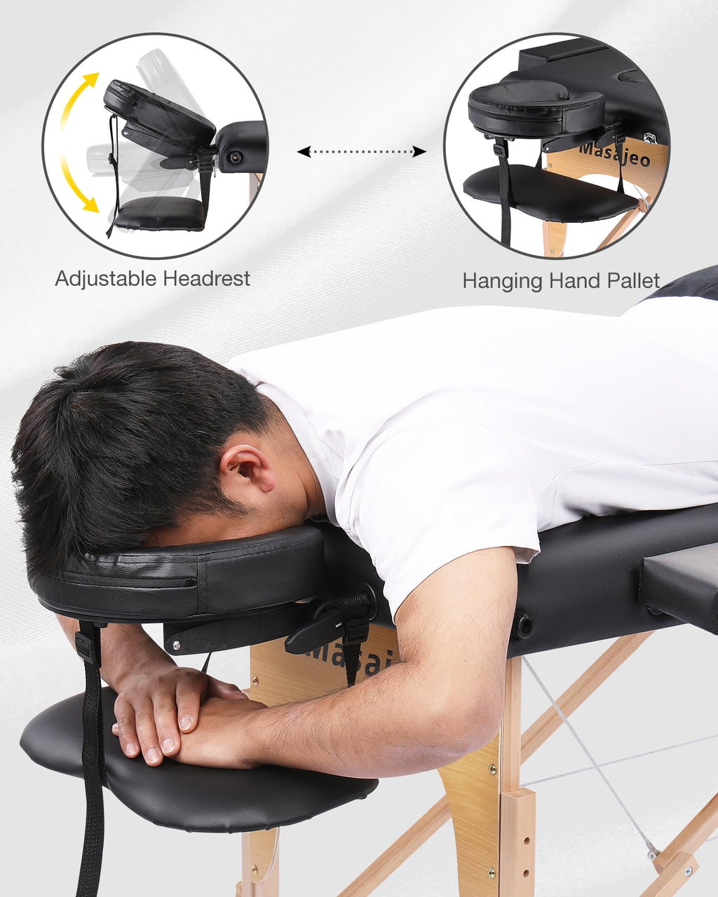 Portable Massage Table Massage Bed Professional SPA Reiki Eyelash Salon Bed, Wooden Frame Height Adjustment Accessories, Black (3-Section)