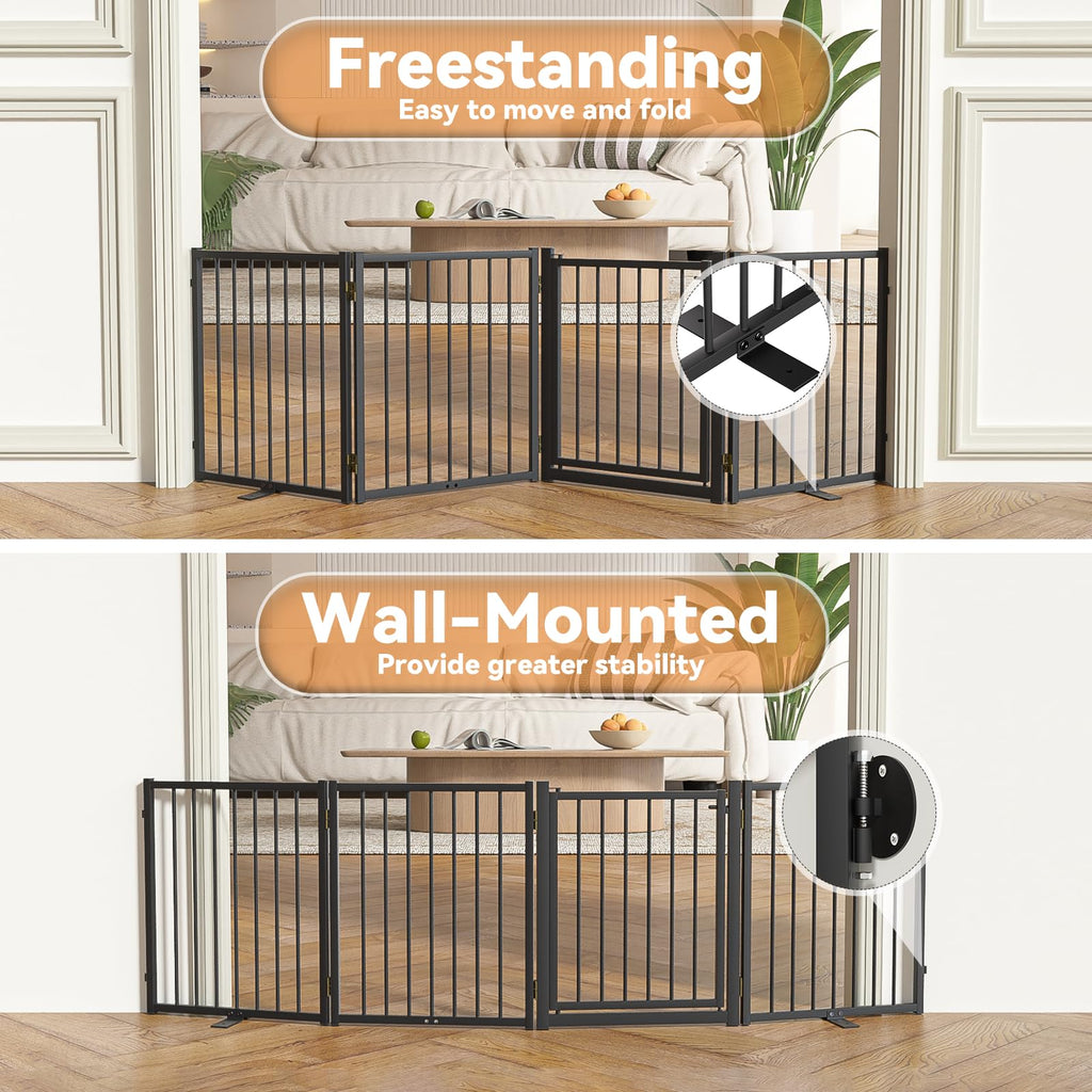 SNUOWU Full Metal Freestanding Dog Gate with Door, 24'' Height Foldable Pet Dog Fence for Indoor & Outdoor, 2 Panels Extra Wide Free Standing SmallDog Gates for Doorways,House,Stairs,Porch,Deck,Yard