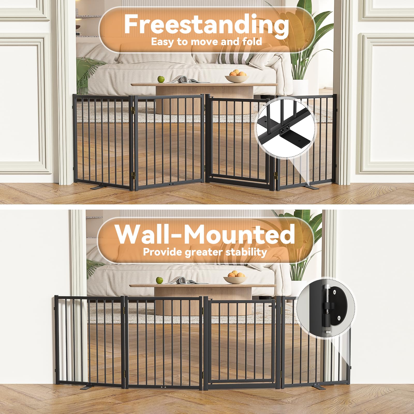 SNUOWU Full Metal Freestanding Dog Gate with Door, 24'' Height Foldable Pet Dog Fence for Indoor & Outdoor, 2 Panels Extra Wide Free Standing SmallDog Gates for Doorways,House,Stairs,Porch,Deck,Yard