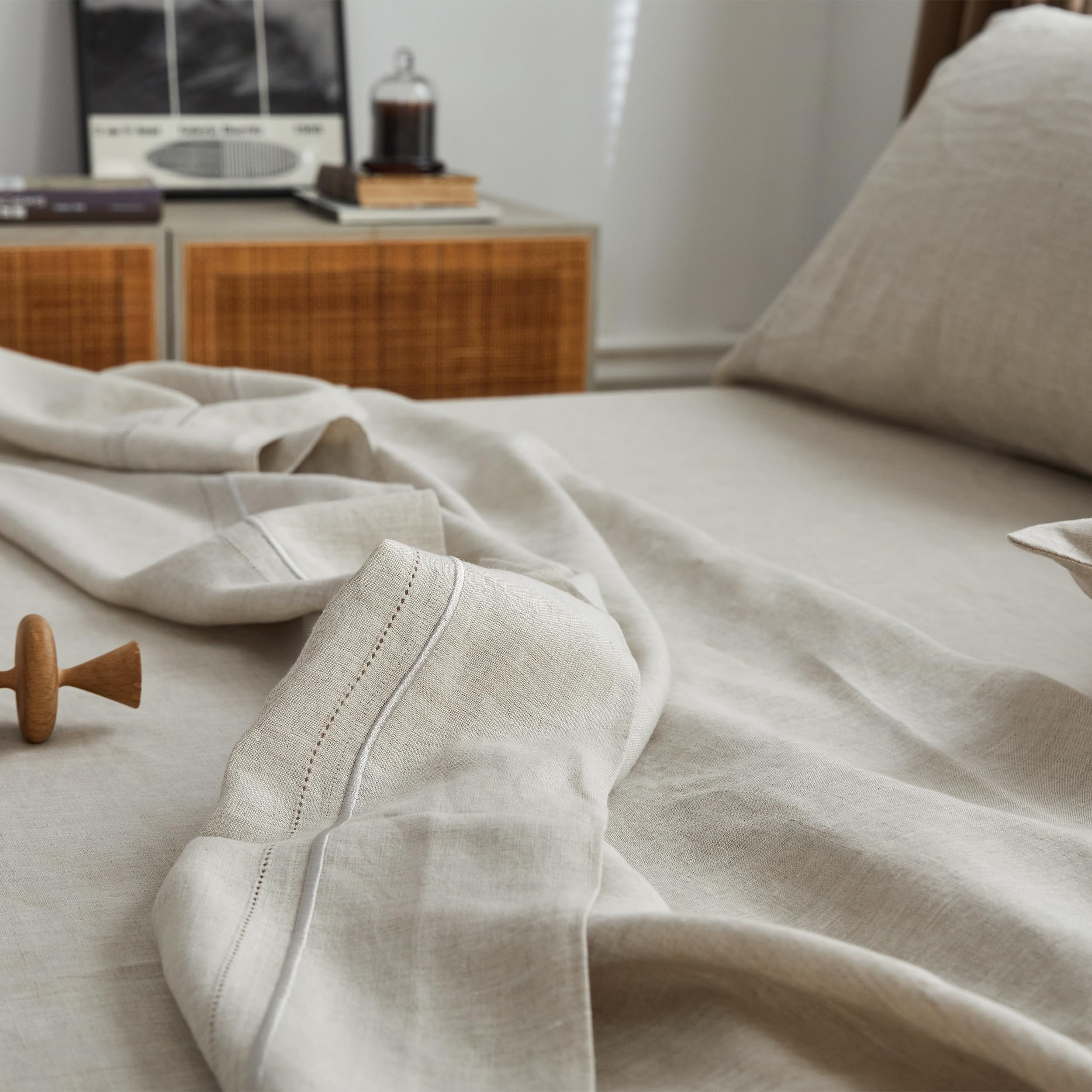 Simple&Opulence 100% Pure Linen Sheet Set Twin Size, Natural French Flax Solid Color 3 Pcs Washed Breathable, Farmhouse Bedding (1 Flat Sheet,1 Fitted Sheet,1 Pillowcase)-Embroidery Dark Grey