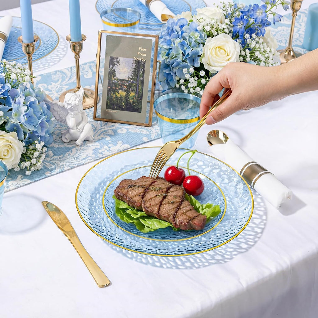 Rubtlamp 100Pcs Amber Gold Plastic Plates, Disposable Plates With Gold Rim, Heavy-duty Party Platos, Hammered Plastic Plates Include 50 Clear Dessert Plates, 50 Dinner Plates for Party