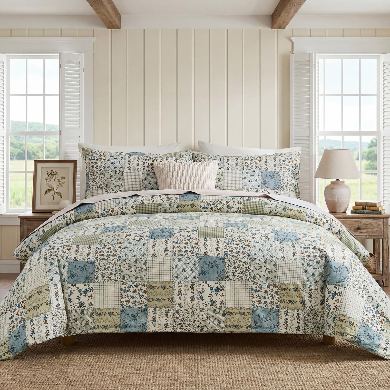 100% Natural Cotton Comforter Set Queen 3 Pcs Grayish Blue Bedding Sets with Luxurious Damask Pattern, Reversible Breathable Soft Comforter Sets for All Season
