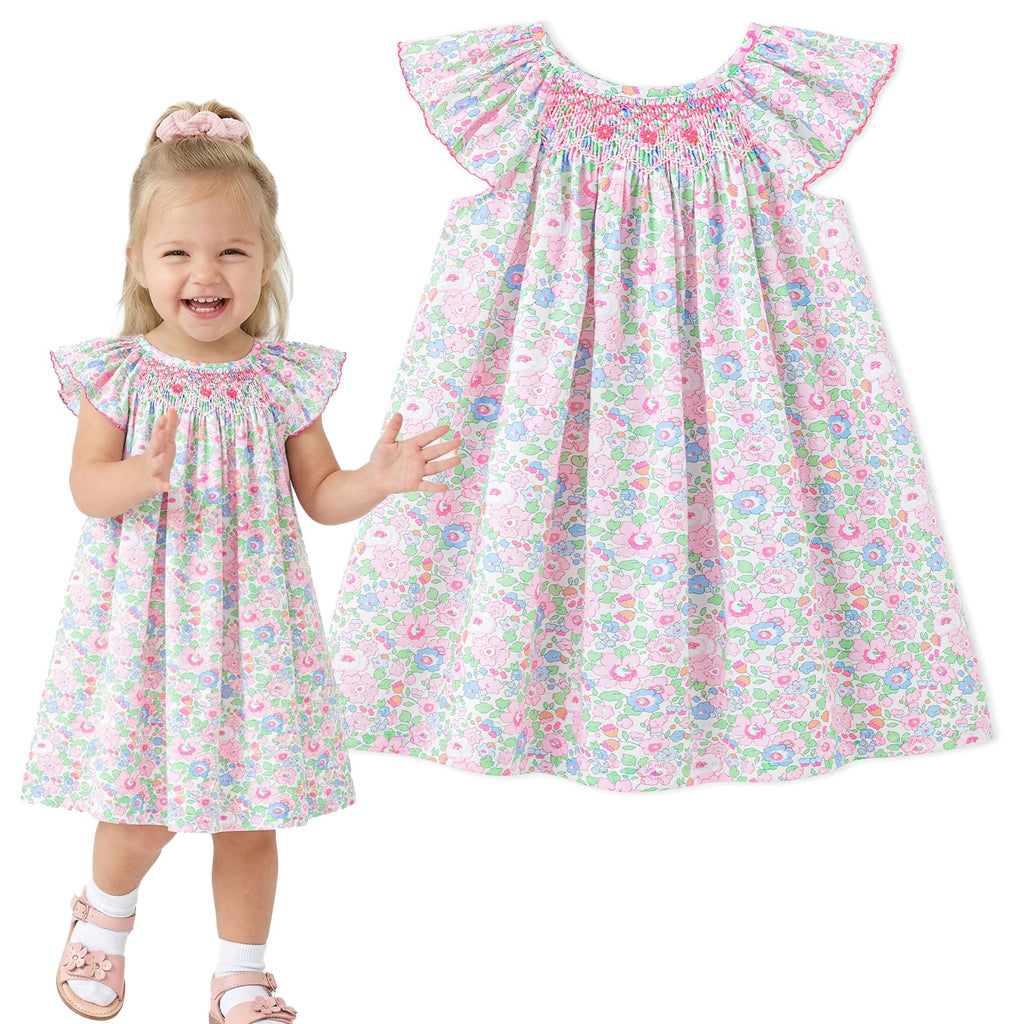 Simplee kids Baby Girl Smocked Dress Summer Casual Short Sleeve Dresses Floral Print Sundress Princess Dress for Toddlers