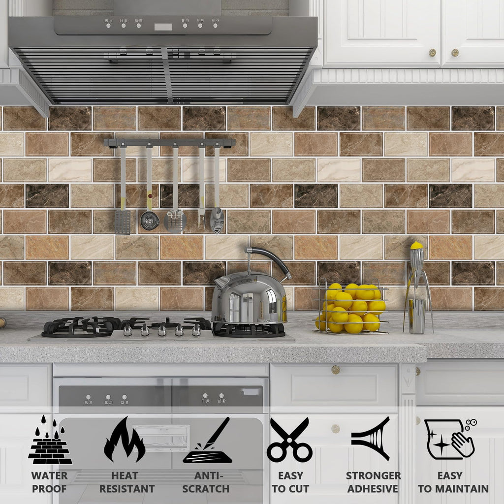 URCOLOR 10-Sheet Back Splashes for Kitchens Peel and Stick,12"x12" Self Adhesive Subway Wall Tiles Stick on backsplash Tiles for Bathroom Black Marble