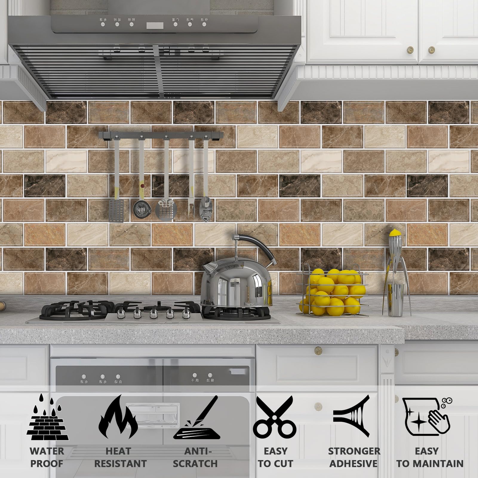 URCOLOR 10-Sheet Back Splashes for Kitchens Peel and Stick,12"x12" Self Adhesive Subway Wall Tiles Stick on backsplash Tiles for Bathroom Black Marble