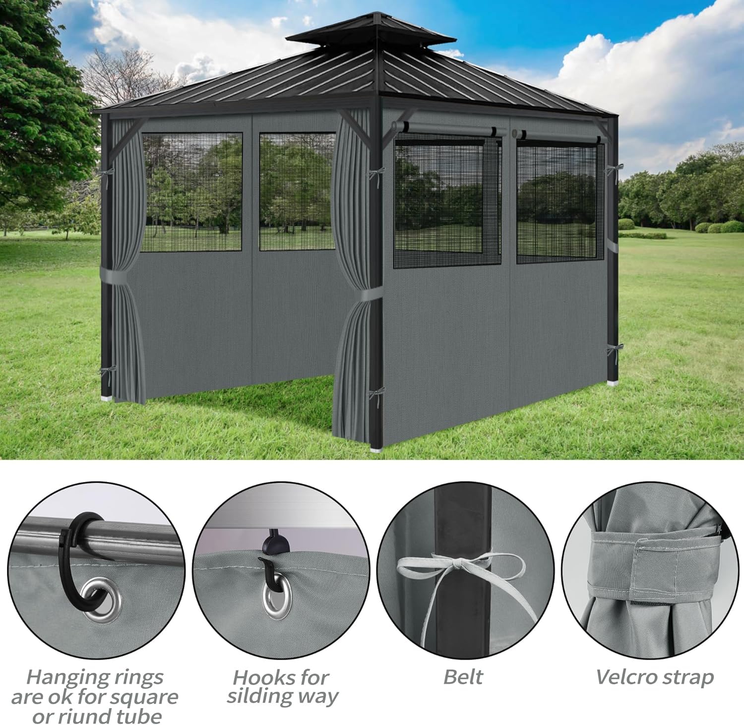 Gazebo Privacy Curtains 10' x 10' with Mosquito Windows, 4-Panels Side Wall with Zipper Universal Replacement for Patio, Outdoor Canopy, Garden and Backyard, Gray (Curtain Only)
