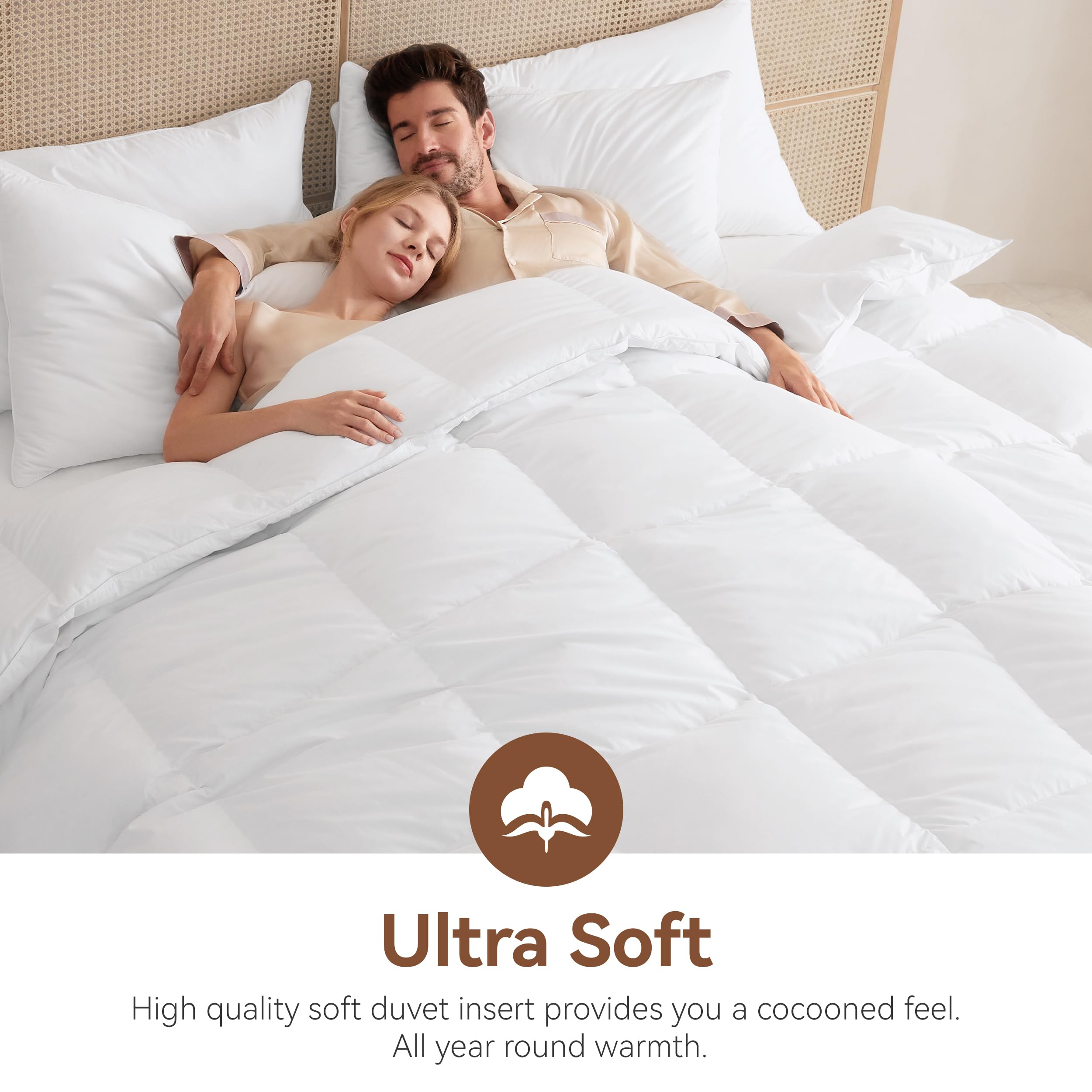 Goose Feather Down Fiber Comforter King Size, All Season Duvet Insert, 750+FP Hotel Bed Comforter, Ultra Soft 100% Organic Cotton Fabric, 106x90 Inches