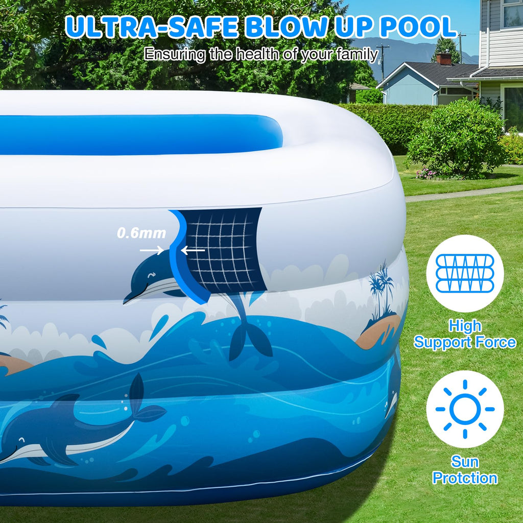 Large Inflatable Pool for Adults & Kids, 120" x 70" x 22" Blow Up Pool, Thickened Full-Sized Family Kiddie Pool for Outdoor Water Play & Summer Fun