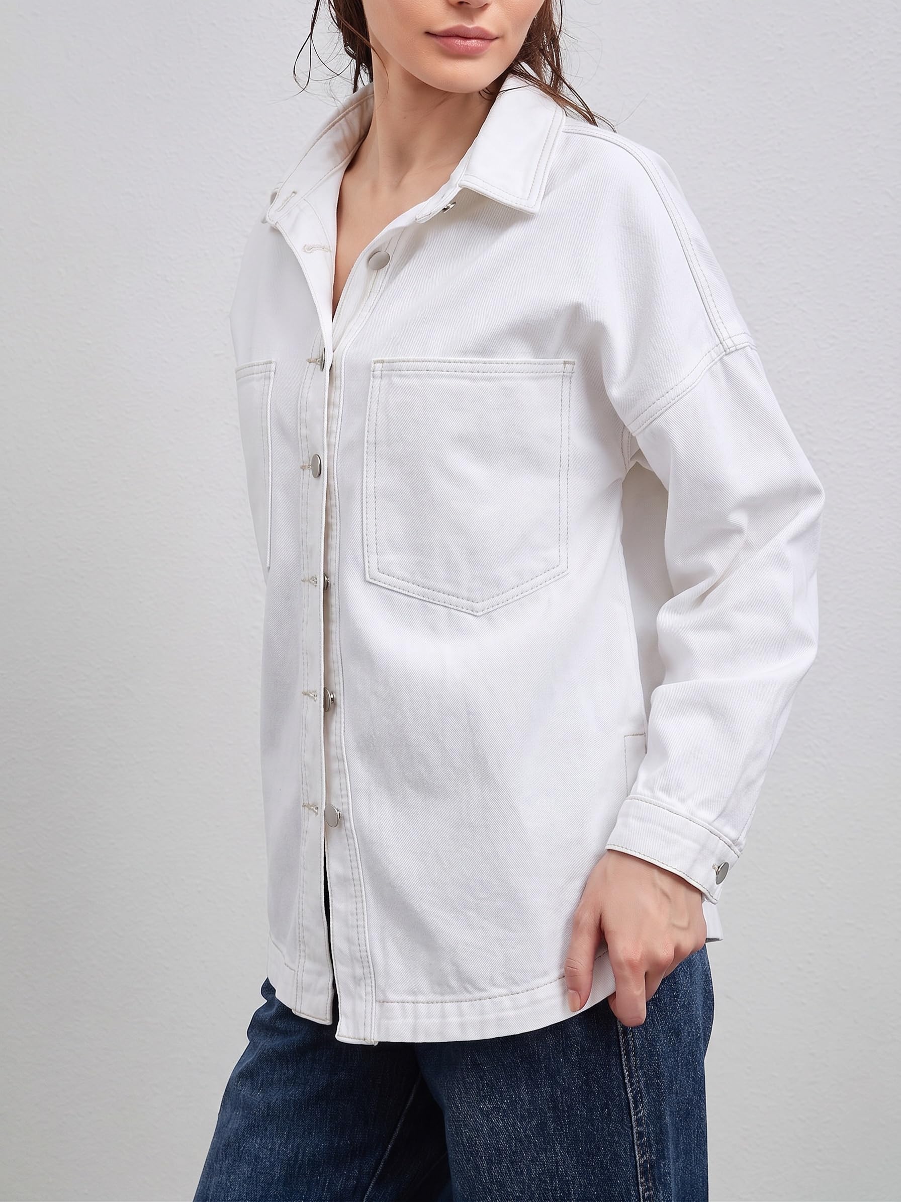 LifeShe Women Denim Shirt Jean Jacket Oversize Button Down Shirt Long Sleeve Jean Tops Trendy Shackets