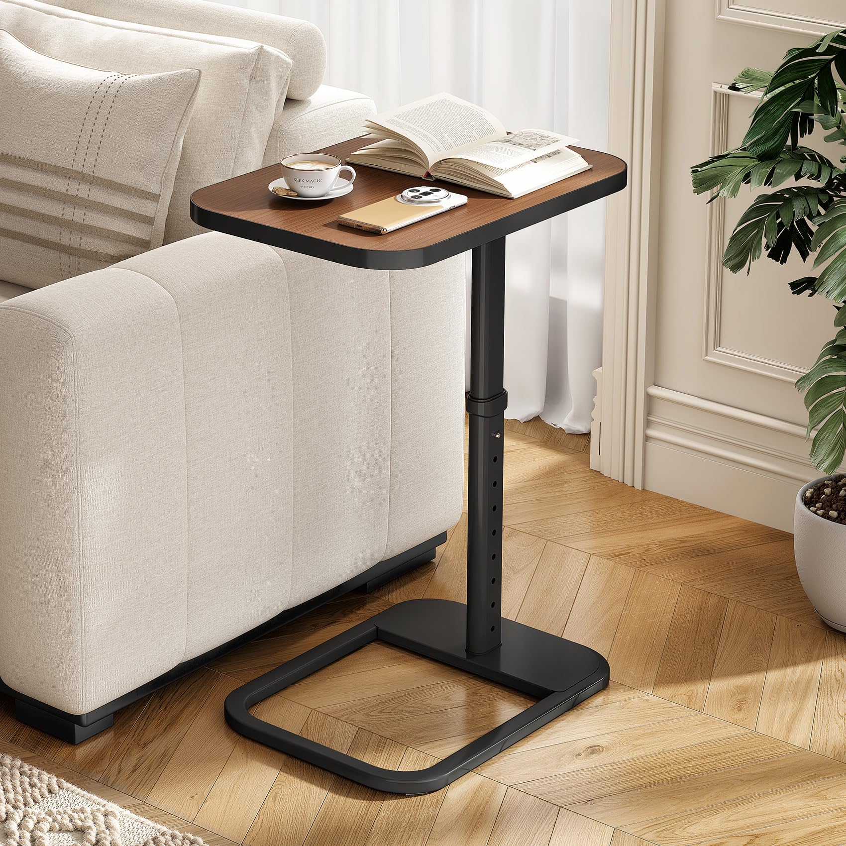 Kitstorack TV Tray Table, Adjustable Height & Rounded Metal Corners, Snack Table for Couch, Sofa, Bed, Chair, Living Room, C Shaped End Side Table for Eating, Dinner or Laptop, Small Spaces, Black