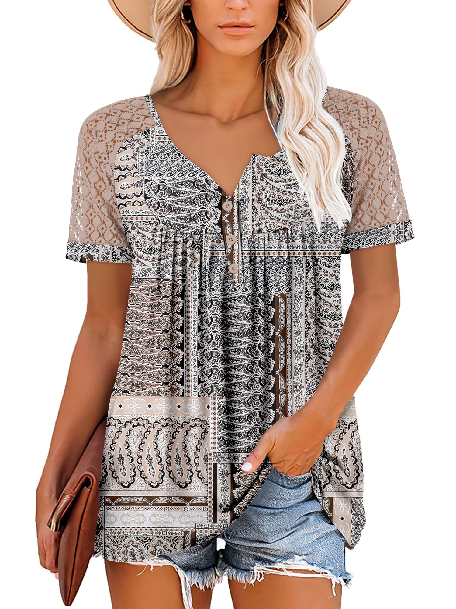 Mystry Zone Womens Henley V Neck Casual Blouse Button Down T Shirts Flare and Flowy Tops