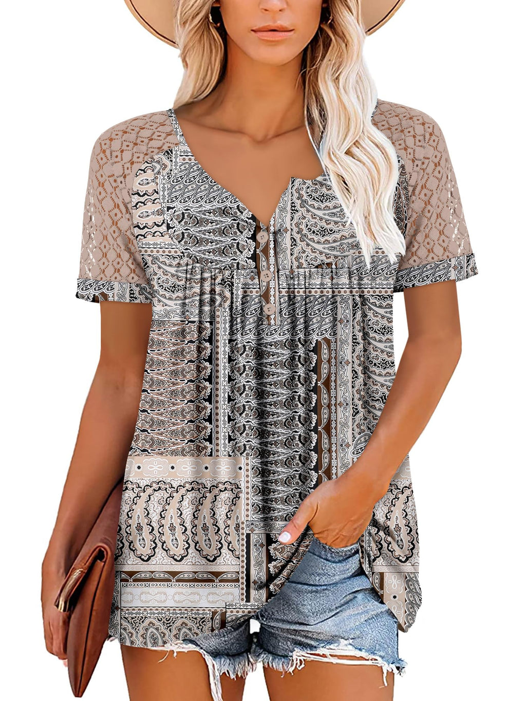 Mystry Zone Womens Henley V Neck Casual Blouse Button Down T Shirts Flare and Flowy Tops
