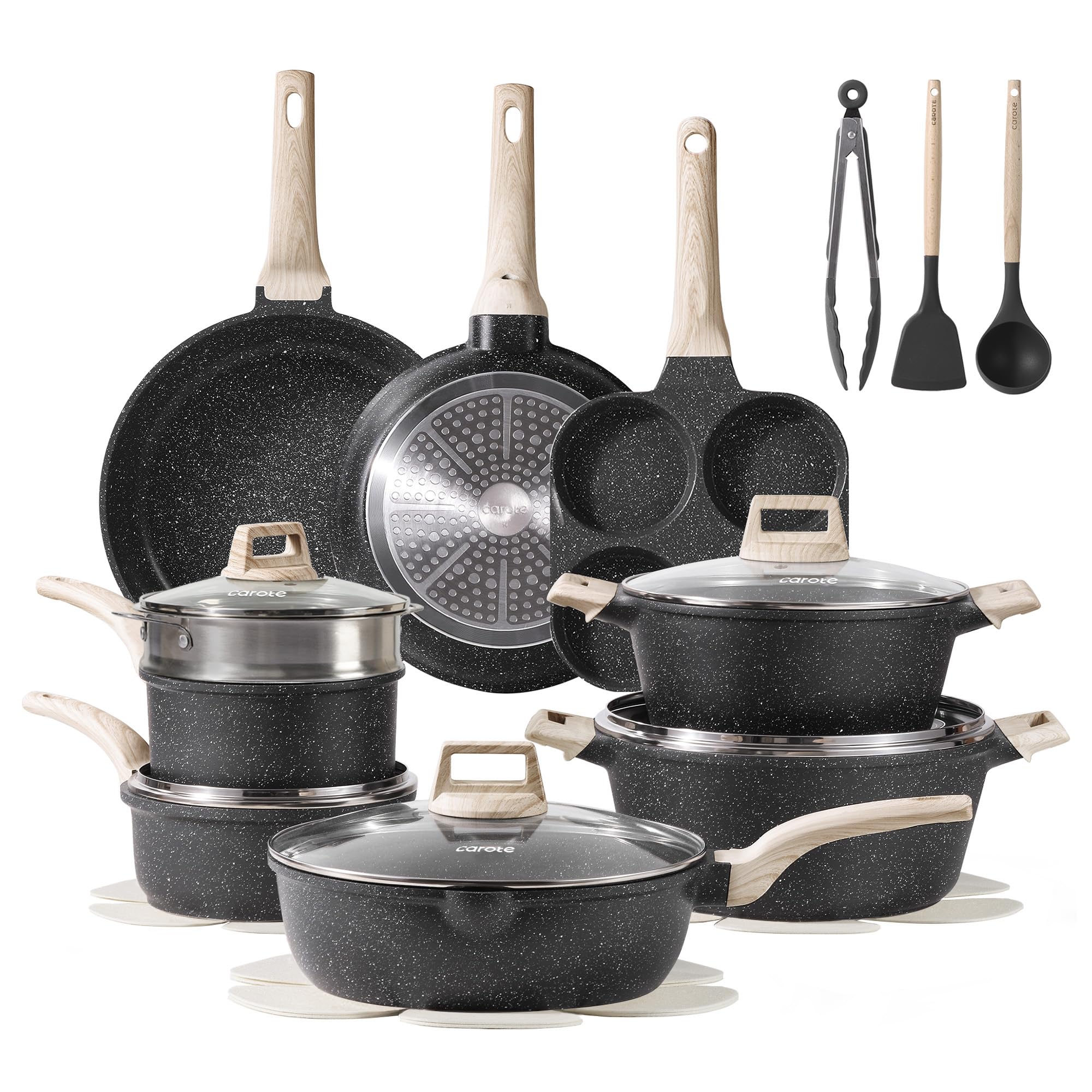 CAROTE 21pcs Pots and Pans Set Nonstick, Cookware Set Black Induction Kitchen Cooking Set w/Frying Pans & Saucepans(PFOS, PFOA Free)