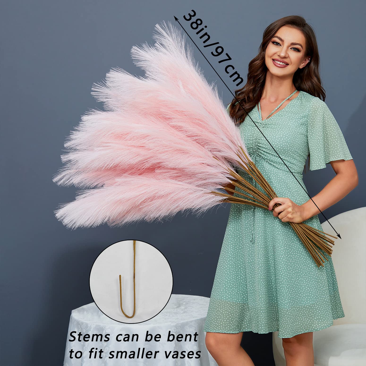 FOTEEWL 8 PCS Faux Pampas Grass Decor 38"/3.1FT Tall Fake Pompas Floral Large Artificial Pompous Grass Branches Plants for Floor Vase Filler Home Boho Decoration (Cream/Beige)