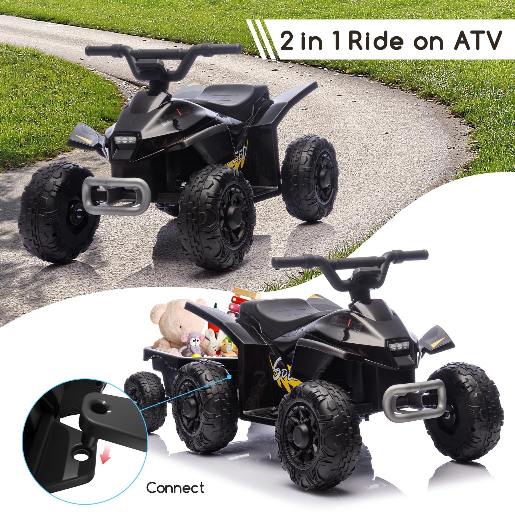 Kids Ride on ATV, 6V Battery Powered Kids Electric Vehicle, 4 Wheeler Quad w/Headlights, MP3, USB, Volume Control, Large Seat, Electric Ride on Toys Best Gifts for 18-36 Months Boys Girls (Black)