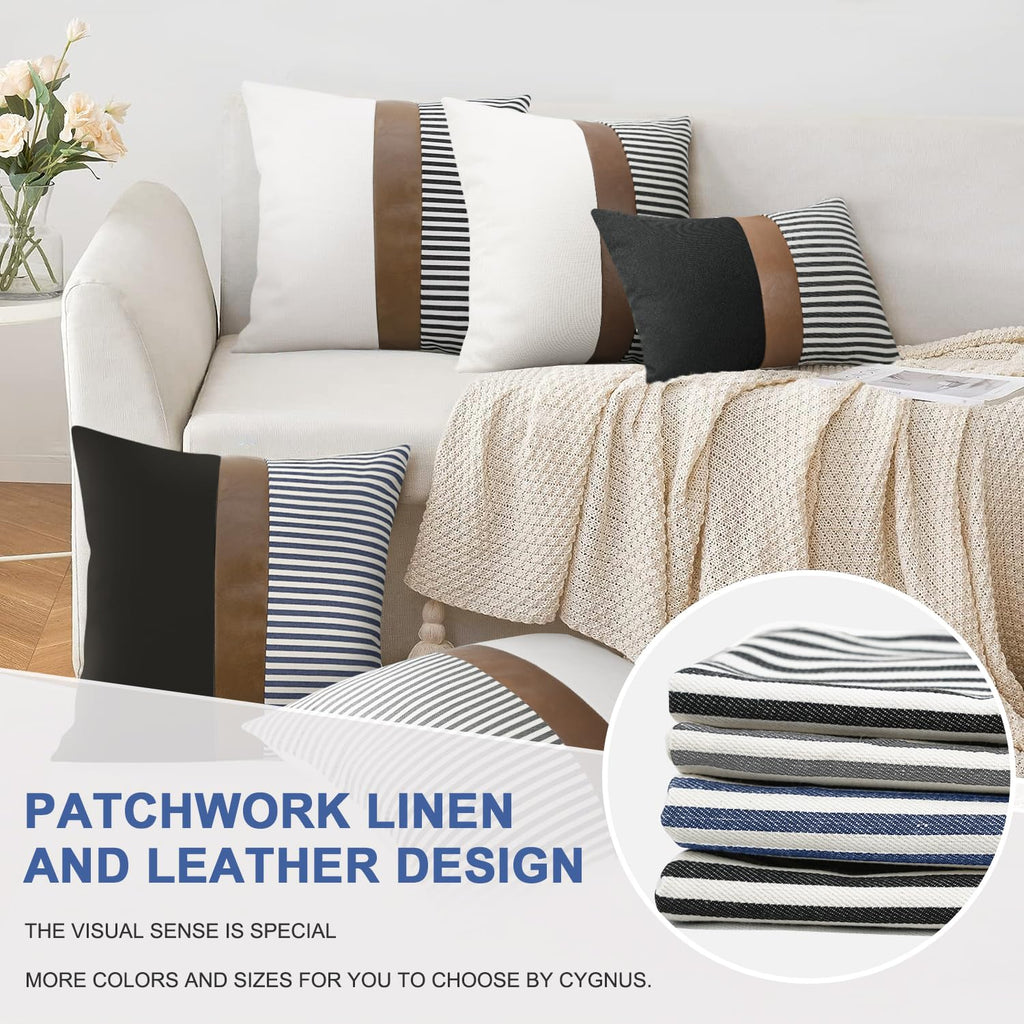 16x16 inch Pillow Covers Set of 2 Farmhouse Decor Stripe Patchwork Linen Throw Pillow Covers Modern Faux Leather Covers for Couch Sofa,Black