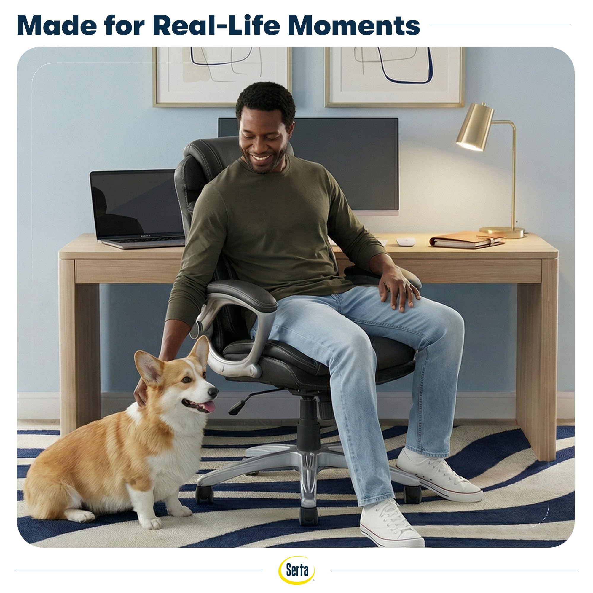 Serta Bryce Executive Office Chair - Ergonomic Computer DeskChair with Lumbar Technology - Adjustable Height - Memory Foam Body Pillows - 360° Swivel Rolling Base - Bonded Leather - Black