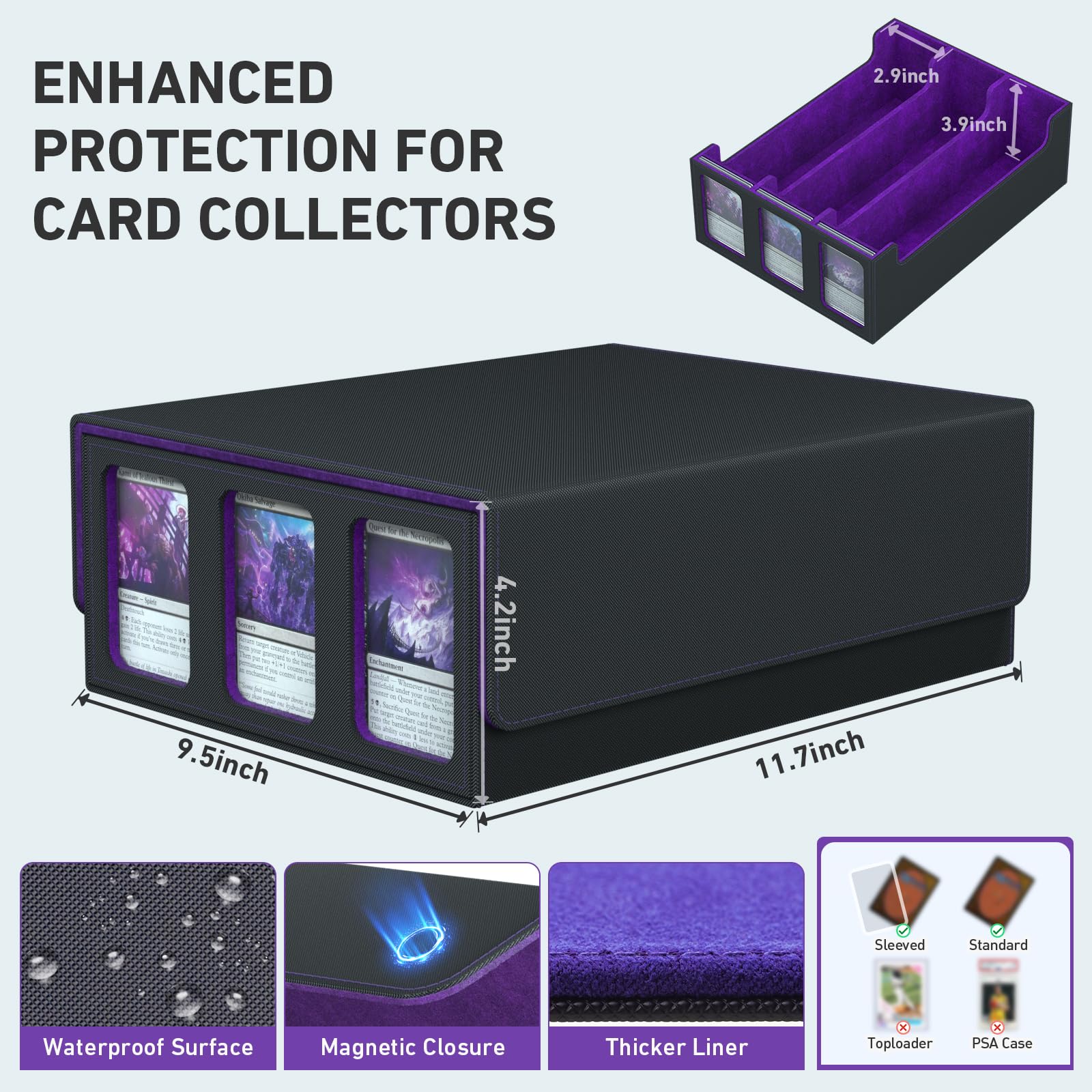 3-Row Trading Card Storage Box, Bulk Cards Case for 2400+ Mtg tcg Magic Playing Game Card Organizer, Commander Deck Box with 3 Supports & 24 Dividers