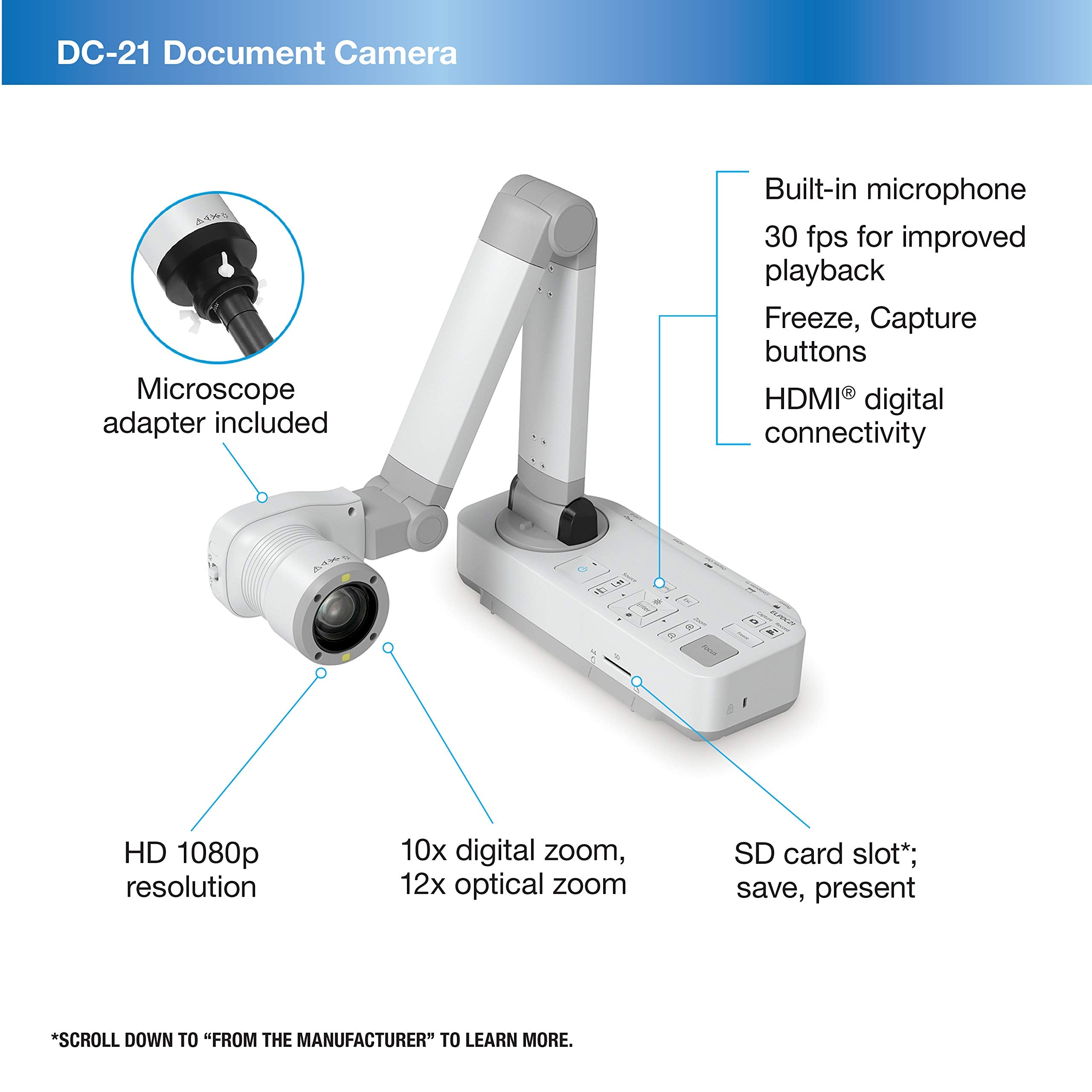 Epson DC-13 High-Definition Document Camera with HDMI, 16x Digital Zoom and 1080p Resolution,White