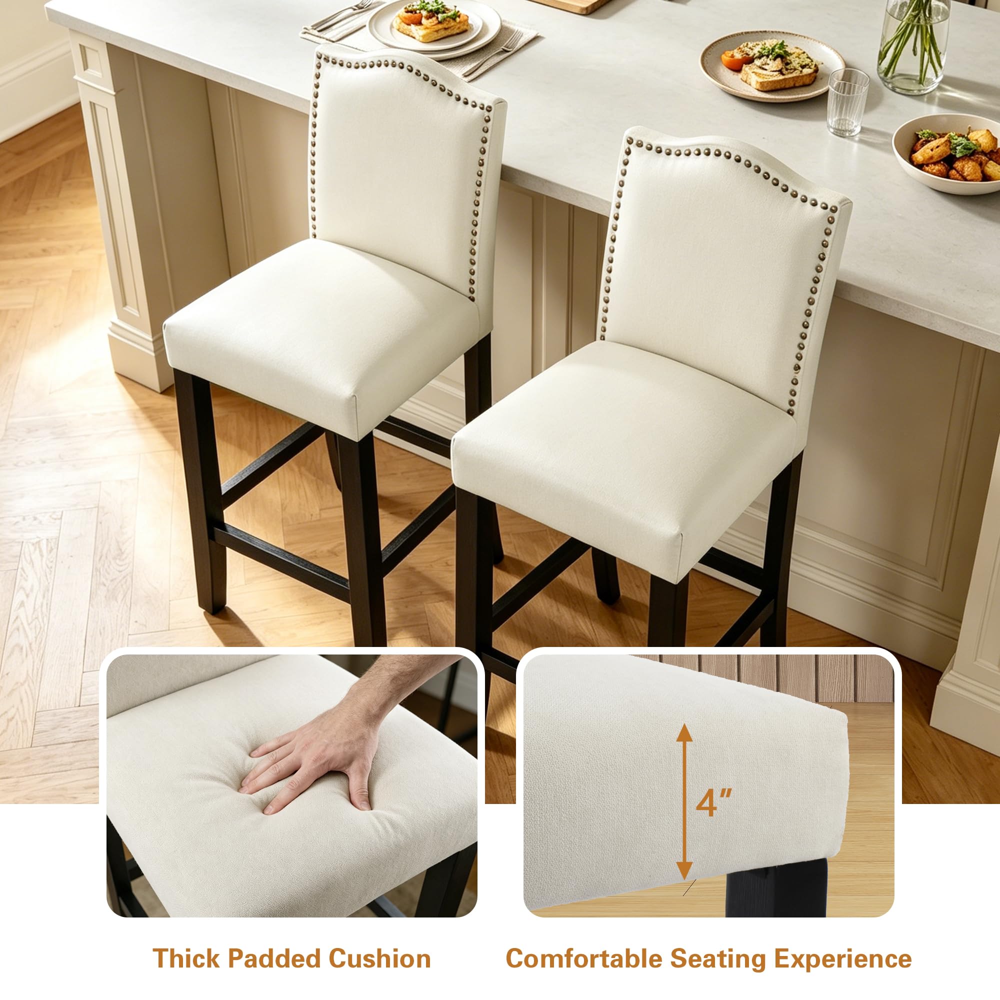 LSSPAID Counter Height Bar Stools Set of 2, 24.8 Inch Modern Upholstered Fabric Barstools, Kitchen Island Chairs with Bronze Nail Backrest and Solid Wood Legs for Kitchen Pub Home Cafe, Beige