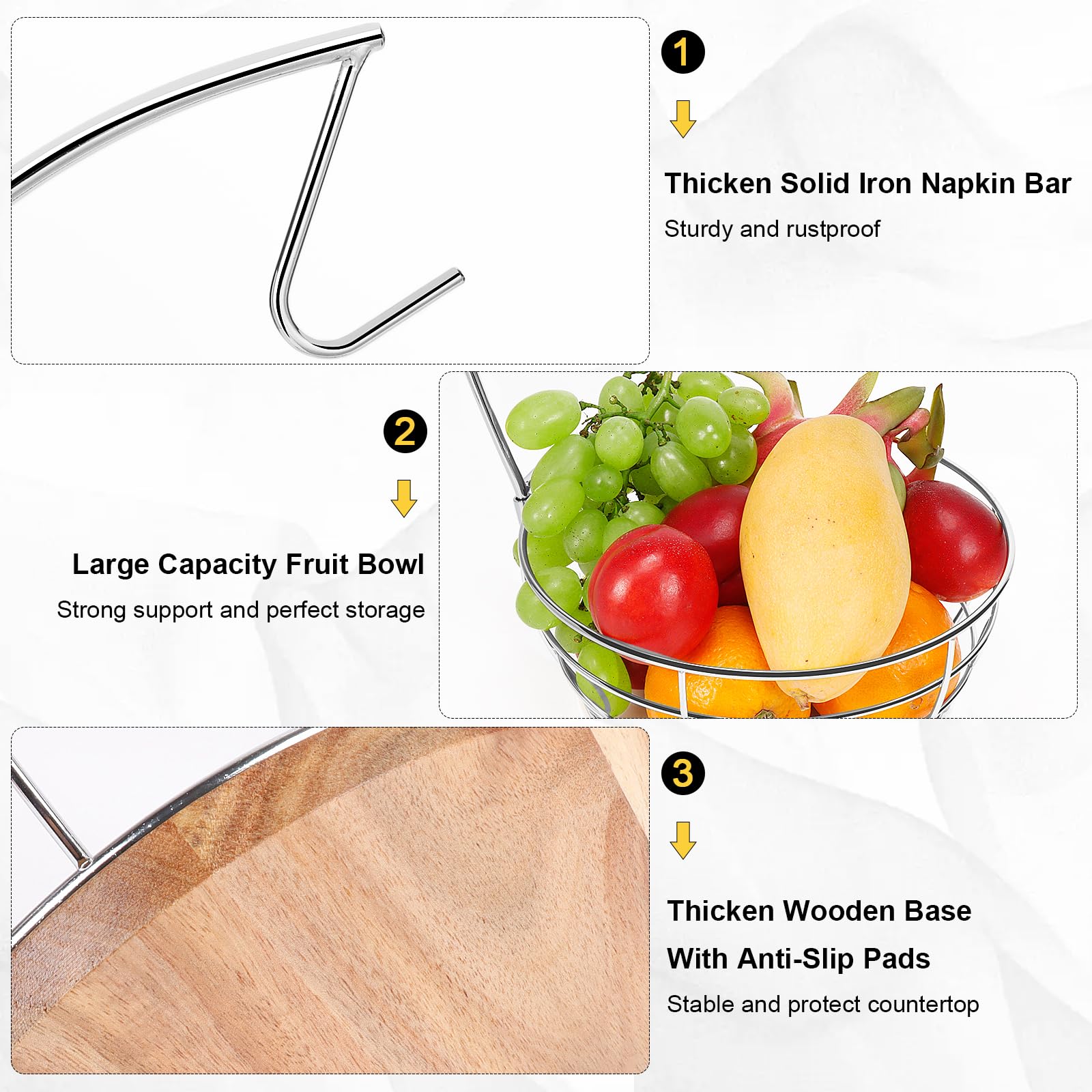 Livabber Countertop Fruit Basket Bowl with Banana Hanger, Modern Standing Fruit Vegetable Bowl Storage, with Banana Tree Holder for Kitchen Dinning Table (Round Marble, Black)