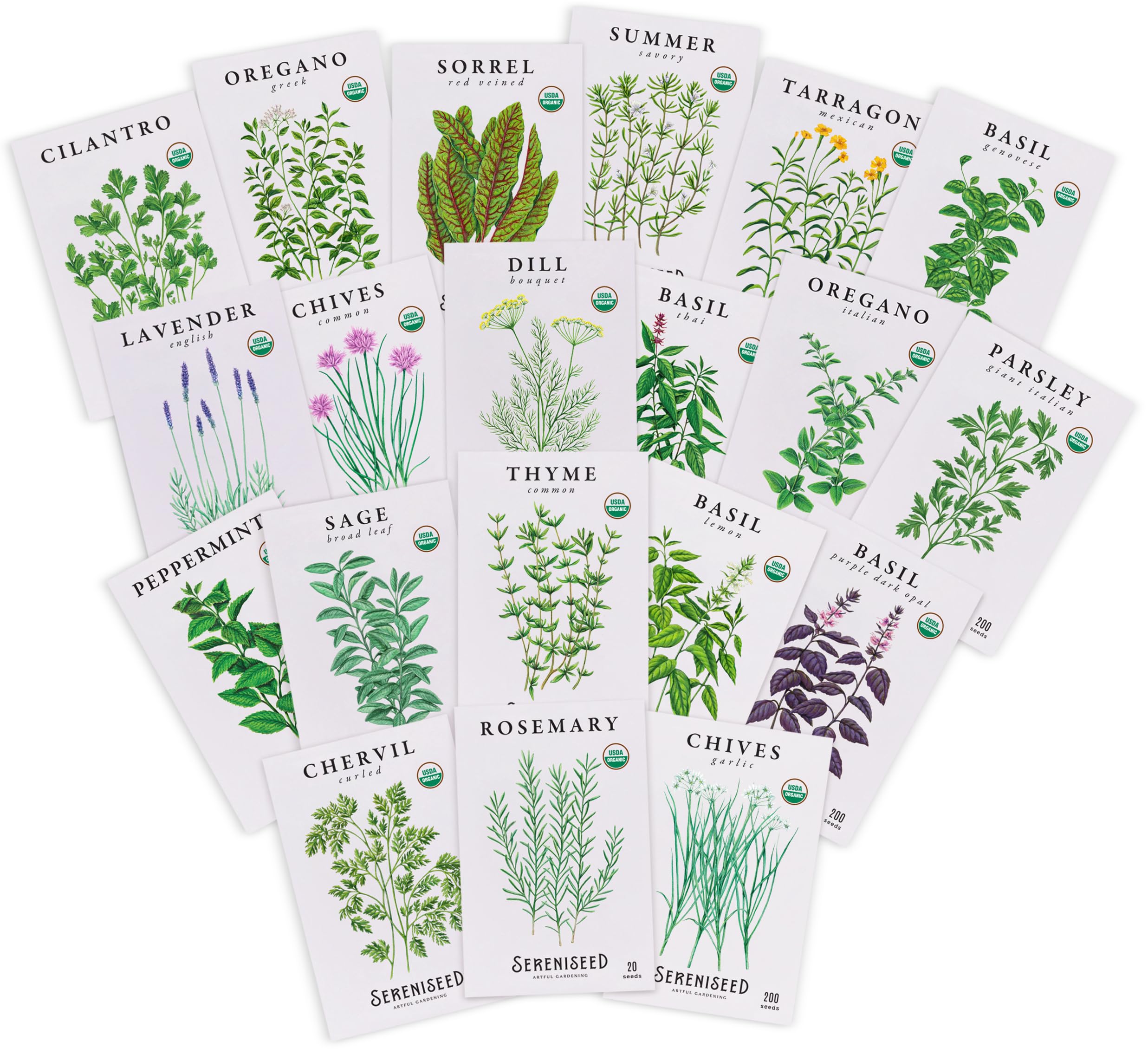 Sereniseed Certified Organic Herb Seeds (10-Pack) – Non GMO, Heirloom – Seed Starting Video - Basil, Cilantro, Oregano, Thyme, Parsley, Lavender, Chives, Sage, Dill Seeds for Indoor & Outdoor Planting
