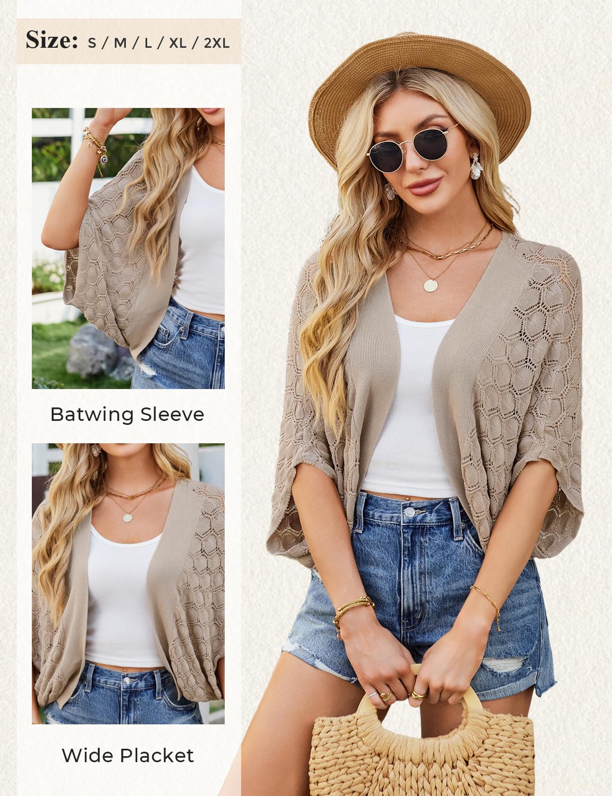 GRACE KARIN Summer Cropped Cardigan for Women 2026 Batwing Sleeve Crochet Bolero Shrug Sweaters Lightweight Beach Boho Kimono