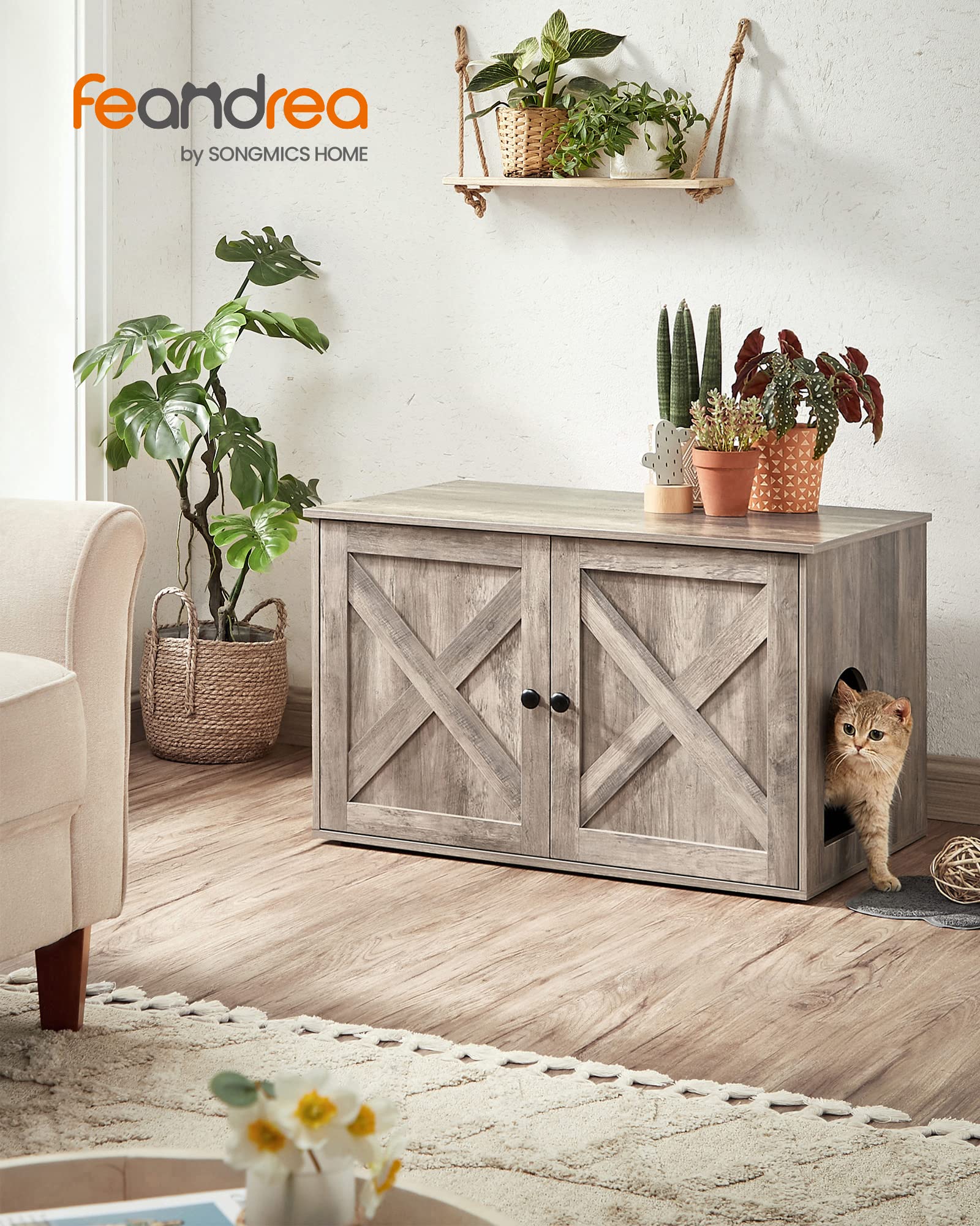 Feandrea Cat Litter Box Enclosure, Litter Box Furniture Hidden, Indoor Cat House, End Table, 27.6 x 19.7 x 19.7 Inches, Heather Greige UPCL022K01