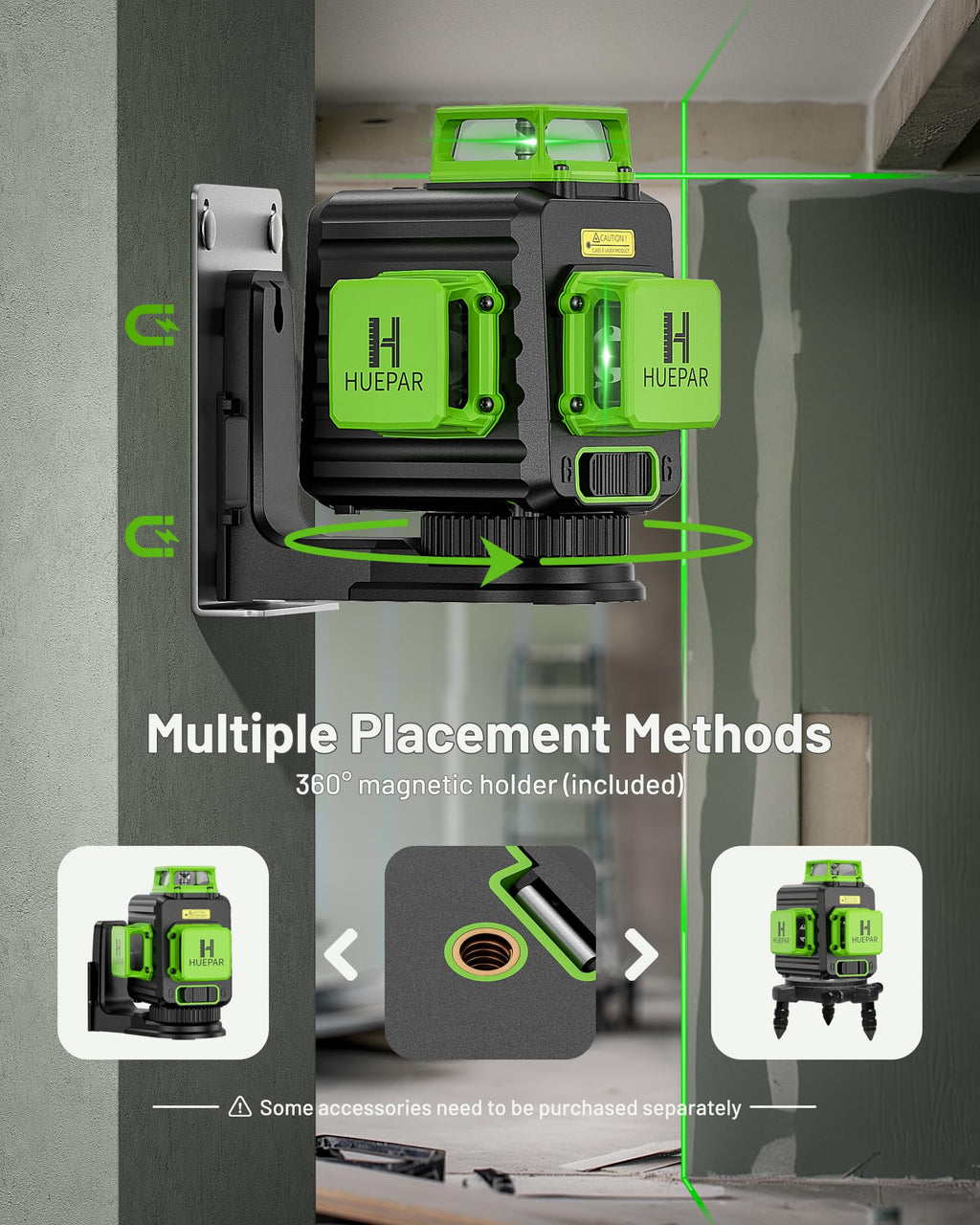Huepar B03CG Professional 3D Laser Level 360° Self Leveling with 50" Tripod, 3x360 Niveau Laser Tool, 3 Plane Cross Line Lazer Leveler Green Beam, Type-C Charging Port Included