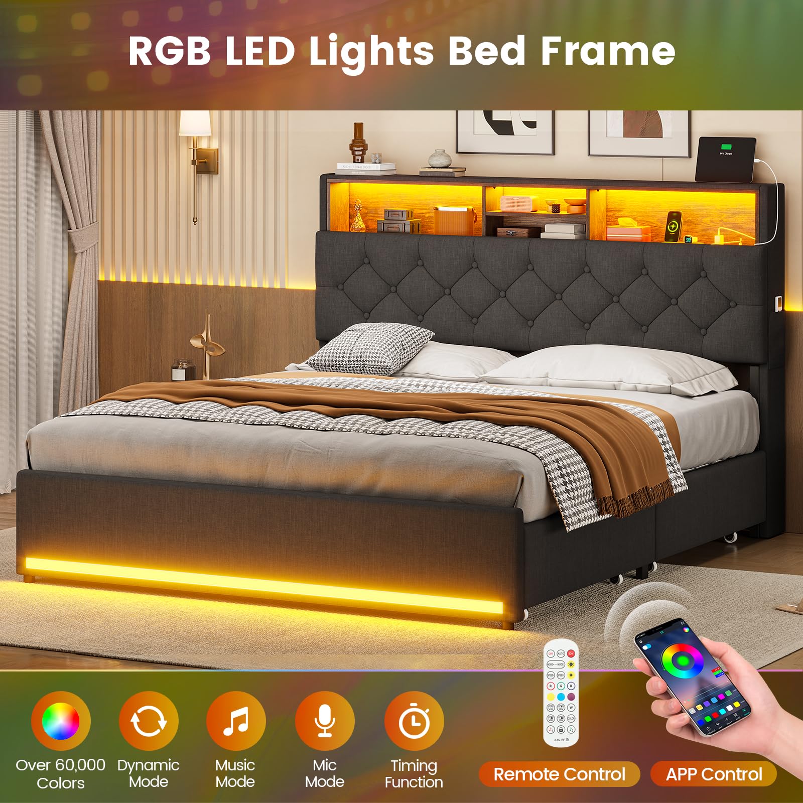 BTHFST Twin Bed Frames with Headboard & 4 Drawers, LED Bed Frame Twin with Charging Station, Upholstered and Metal Twin Bed with Storage, No Box Spring Needed, Black PU