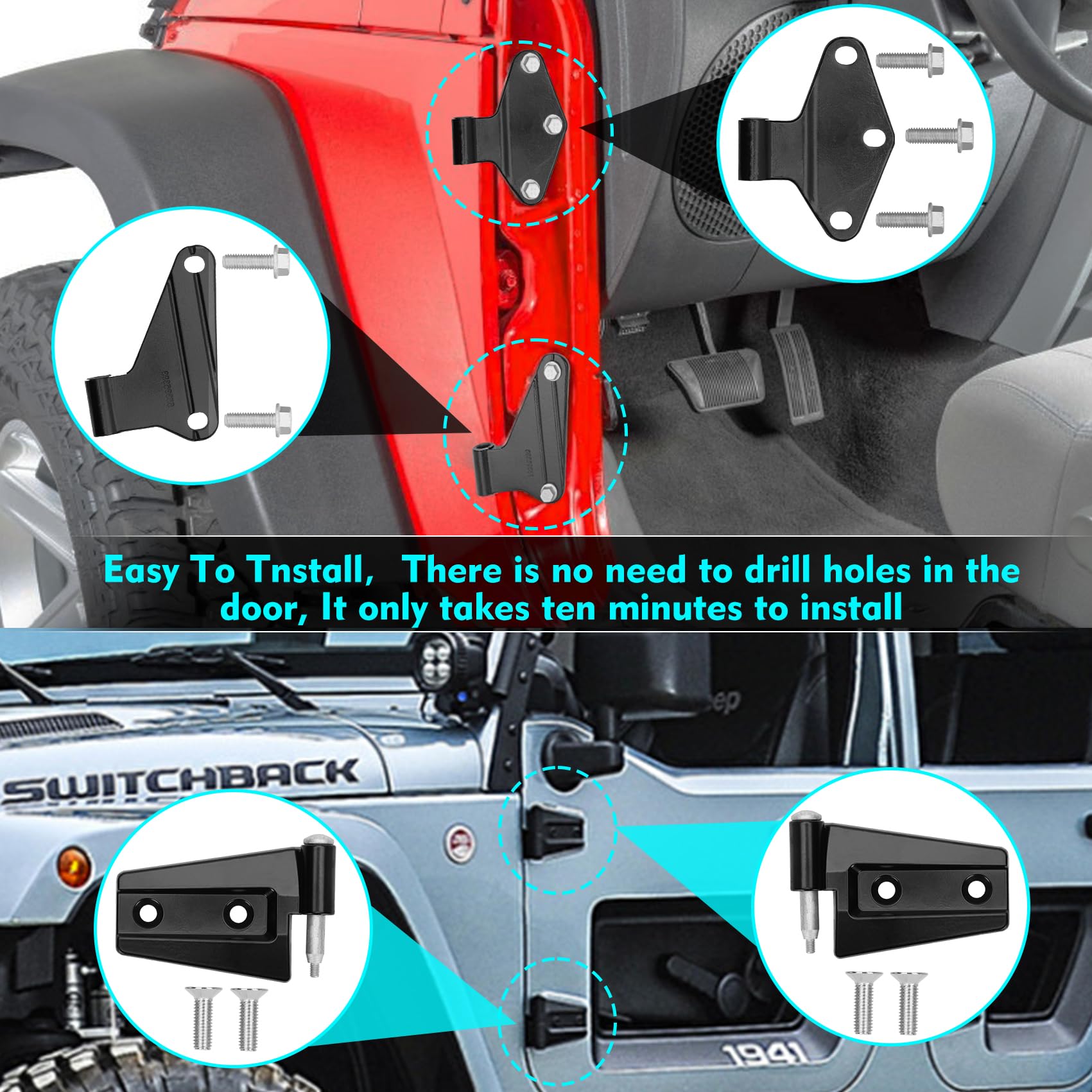 Jeep Wrangler JK 2 Door Hinge Assembly Kits Compatible with 2007-2018 Jeep Wrangler JK JKU Rubicon Unlimited Sahara Inside and Outside (2 Door), Jeep Wrangler JK JKU 2 Door Hinge 8PCS with 18 Bolts