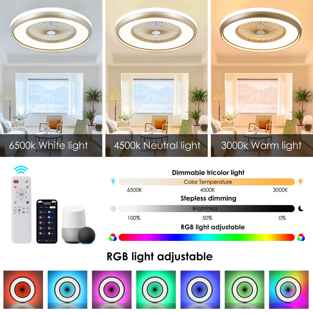 24" Bladeless Ceiling Fan with Light Remote, Smart LED Ceiling Fans with App Control, Modern Low Profile Dimmable Light Ceiling Fan for Bedroom Living Room Gold