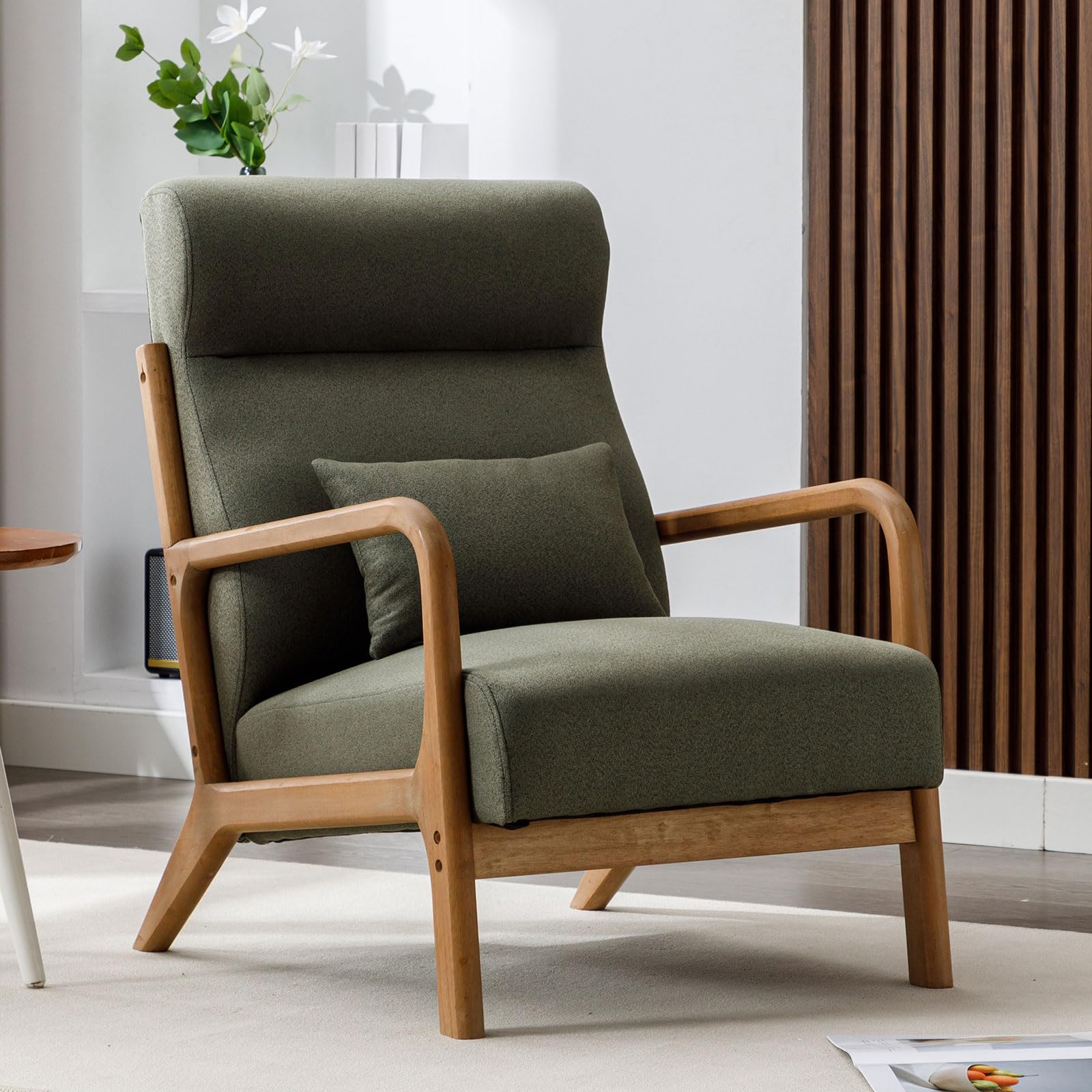 ANJ Mid Century Modern Accent Chair, Comfy Fabric Living Room Chairs with Solid Wood Frame, Lounge Reading Armchair, Easy Assembly, Beige
