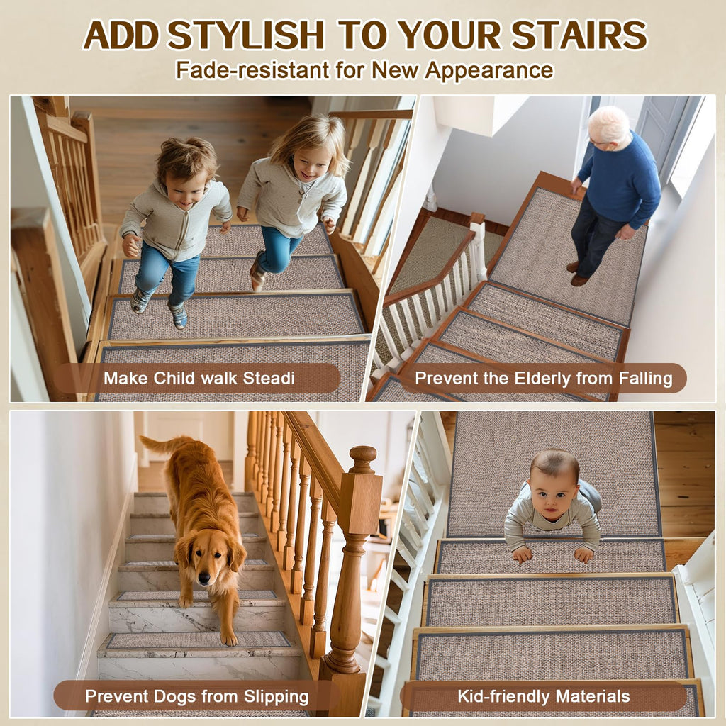 Non Slip Stair Treads for Wooden Steps, Square Rubber Backing Non Slip Stair Landing Mat, Thicken Linen Carpet Stair Runners Indoor, No Residue Stair Carpet Treads, 29"x29", Beige