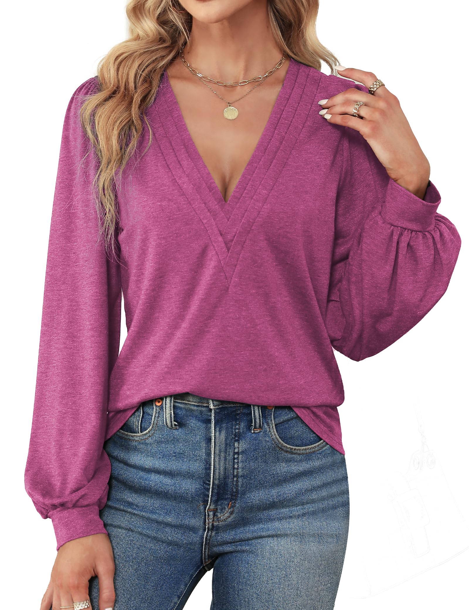 Agnes Urban Womens V Neck Long Sleeve Tops Dressy Casual Fall Shirts Puff Sleeve Loose Tunic Trendy Tops Blouses