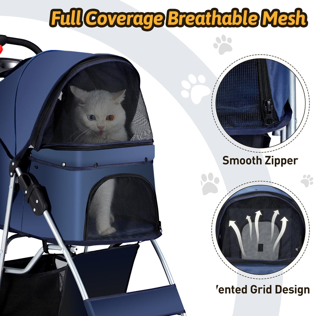 Pet Stroller, 4 Wheels Pet Strolling Cart for Medium/Small Dogs and Cats, Foldable Cat Jogger/Dog Stroller with Cup Holder, Storage Basket, Breathable Mesh, All-Season Pet Carrier, Black