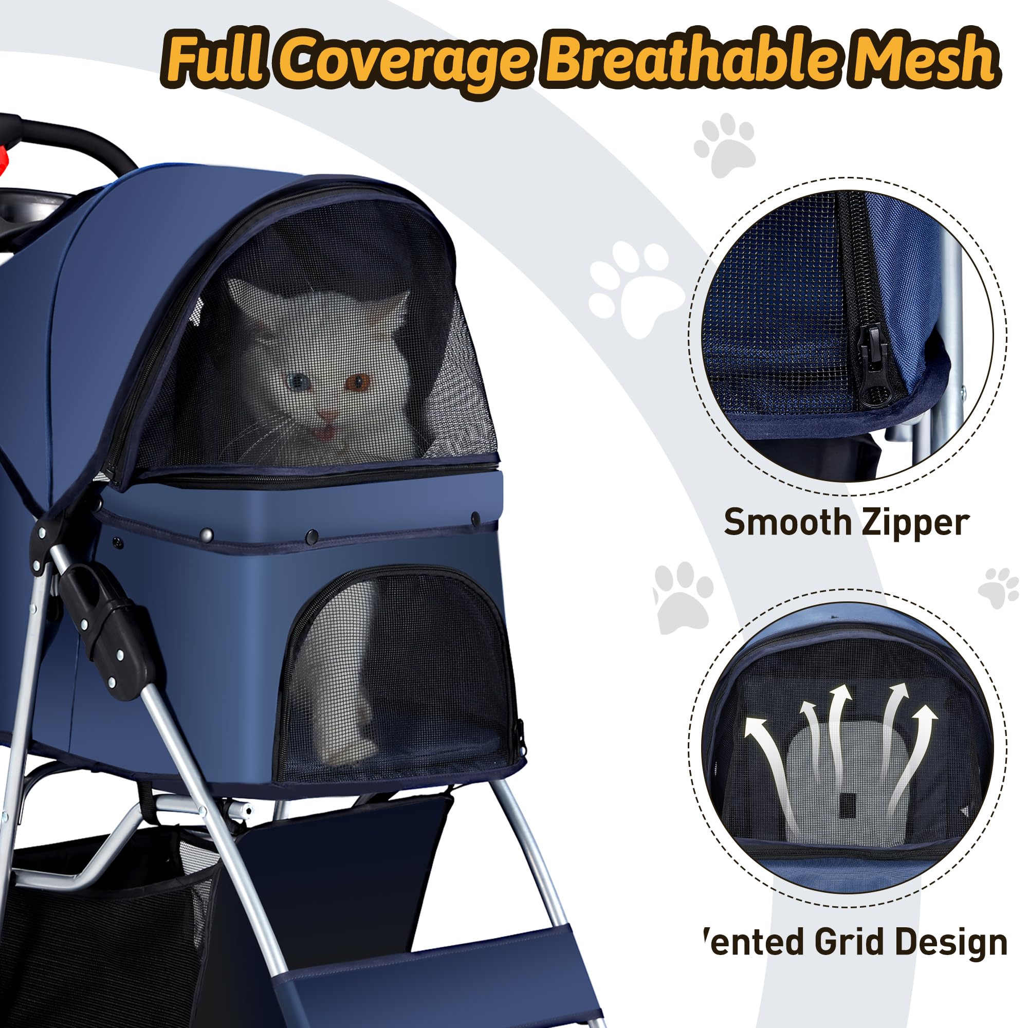 Pet Stroller, 4 Wheels Pet Strolling Cart for Medium/Small Dogs and Cats, Foldable Cat Jogger/Dog Stroller with Cup Holder, Storage Basket, Breathable Mesh, All-Season Pet Carrier, Black