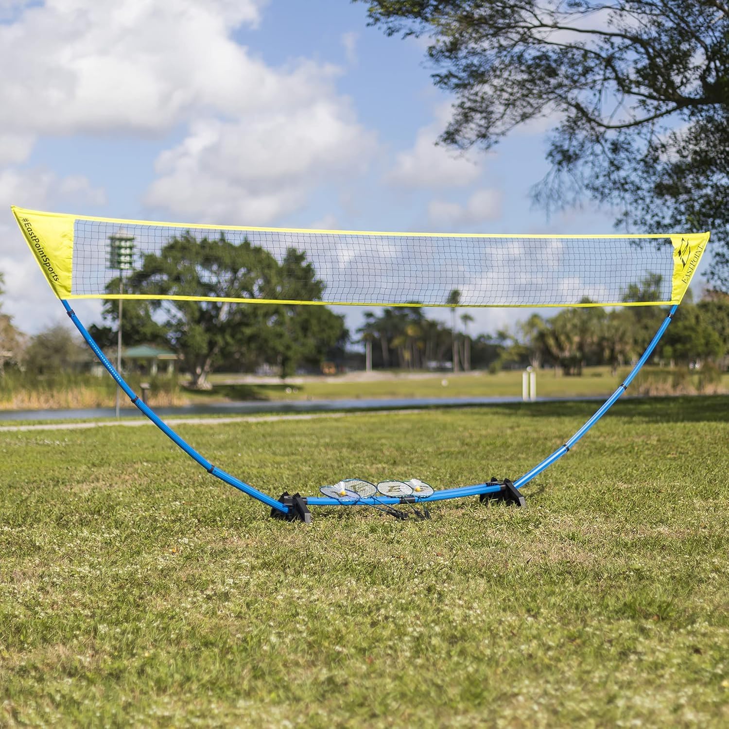 EastPoint Easy Setup Badminton Set - 15 ft Net, 4 Rackets, 2 Shuttlecocks - Quick Setup Net for Backyard Games - Steel Shaft Badminton Rackets for Family Games - Durable Shuttlecocks for Outdoors