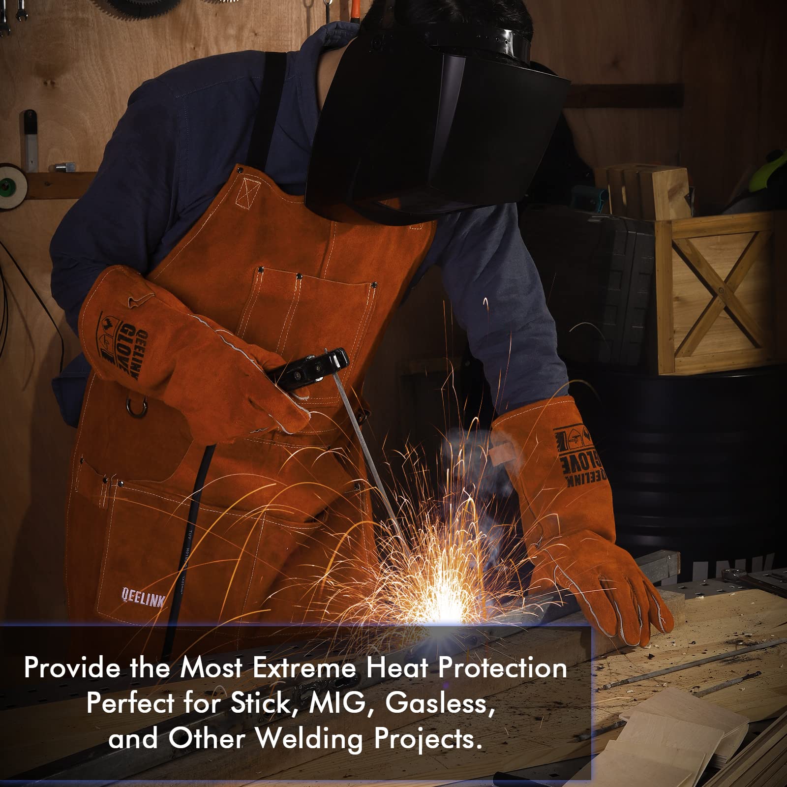 QeeLink Welding Gloves - Heat Resistant Leather and Fireproof Stitching for Fireplace Fire Pit Wood Stove BBQ Gardening Gear