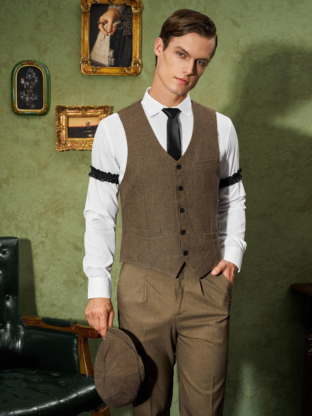 YESSA 1920s Mens Costume,Roaring 20s Costumes for Men,Gatsby Costume Men,1920s Mens Outfit Hat Vest Pocket Watch Tie