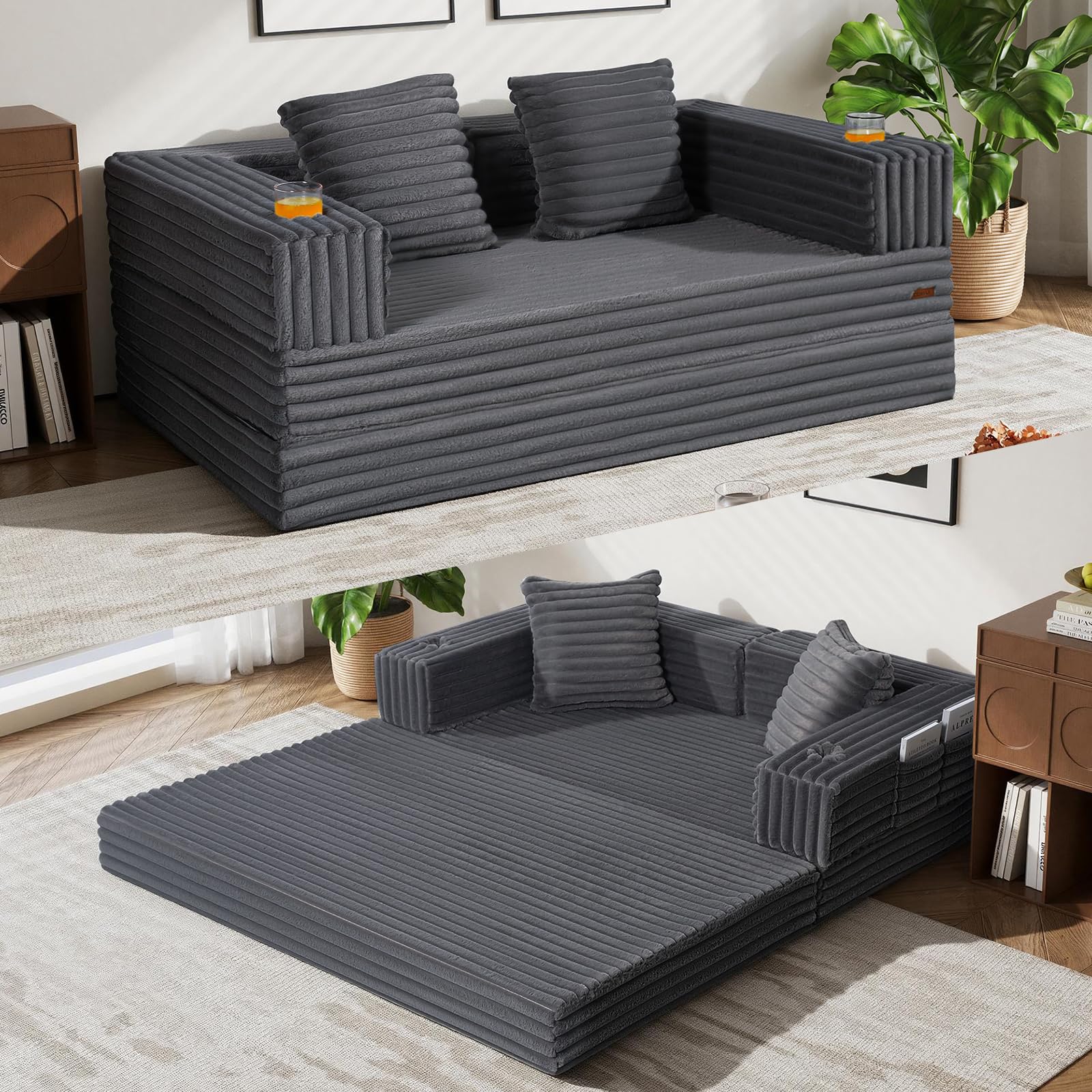 COMAX Futon Sofa Bed, 4‑in‑1 Convertible Sofa Bed, Folding Boneless Couches | Boneless Couch for living room, Fold Out Small Foldable Loveseat Floor Sleeper Mattress Lounge Space‑Saving, Ash Gray