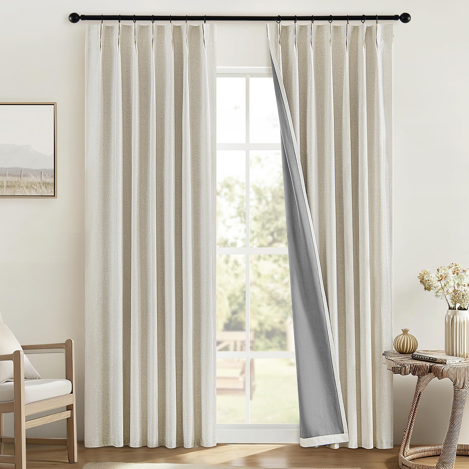 MIULEE Linen Pinch Pleated 100% Blackout Curtains for Bedroom 84 Inch Long 2 Panels Set- Back Tab Track Beige Thermal Insulated Cream Black Out Triple Pleat Room Darkening Drapes with Hooks, Greige