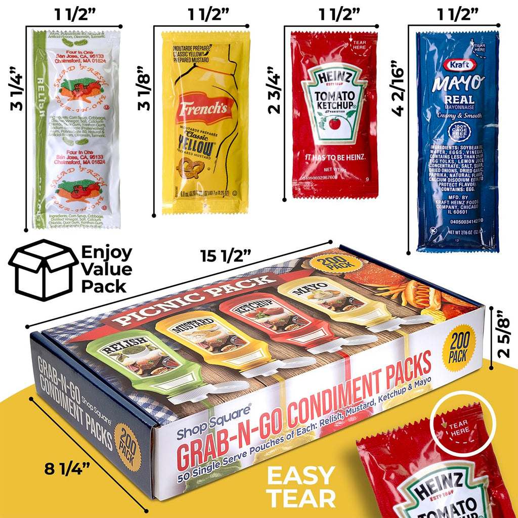 Grab-n-Go Condiment Packs - 50 Single Serve Pouches of Each: Ketchup, Mustard, Relish, and Mayo - Great for Picnics, Boxed Lunch, BBQ, Travel, Picnic and Parties (200 Condiment Packets Total)