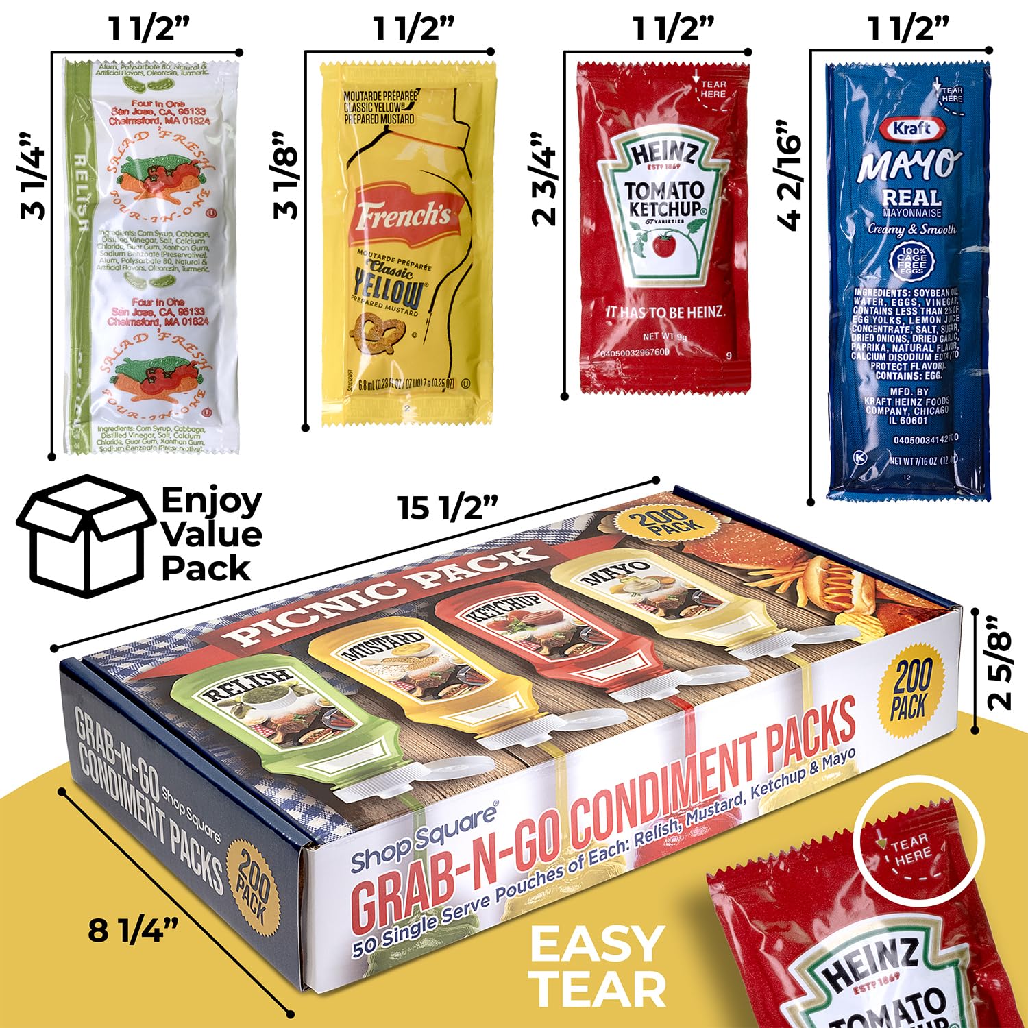 Grab-n-Go Condiment Packs - 50 Single Serve Pouches of Each: Ketchup, Mustard, Relish, and Mayo - Great for Picnics, Boxed Lunch, BBQ, Travel, Picnic and Parties (200 Condiment Packets Total)