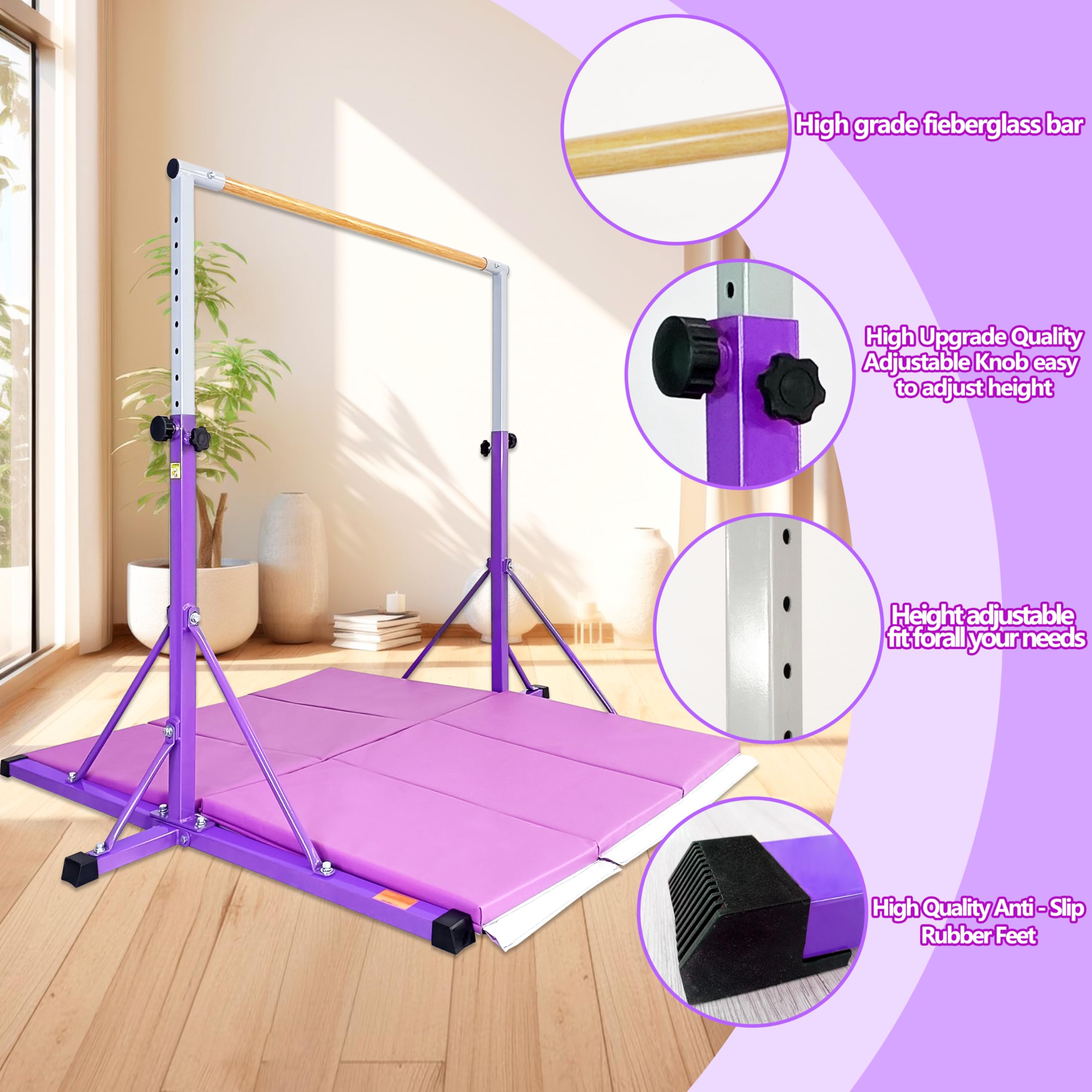 FC FUNCHEER Gymnastics Bar for Kids Ages 3-15, 35" to 60" Adjustable Height, 4FT Wide Base - Professional Kip Bar with 360° Stability & Fiberglass Crossbar, Easy Fold&Solid Design for Home Training