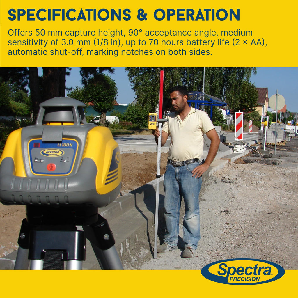 Spectra Precision HR150U Laser Receiver for Interior Leveling with red or green beam rotating lasers. Dual Sided LED Display, Magnetic Mount, Includes Rod Clamp and Alkaline Batteries