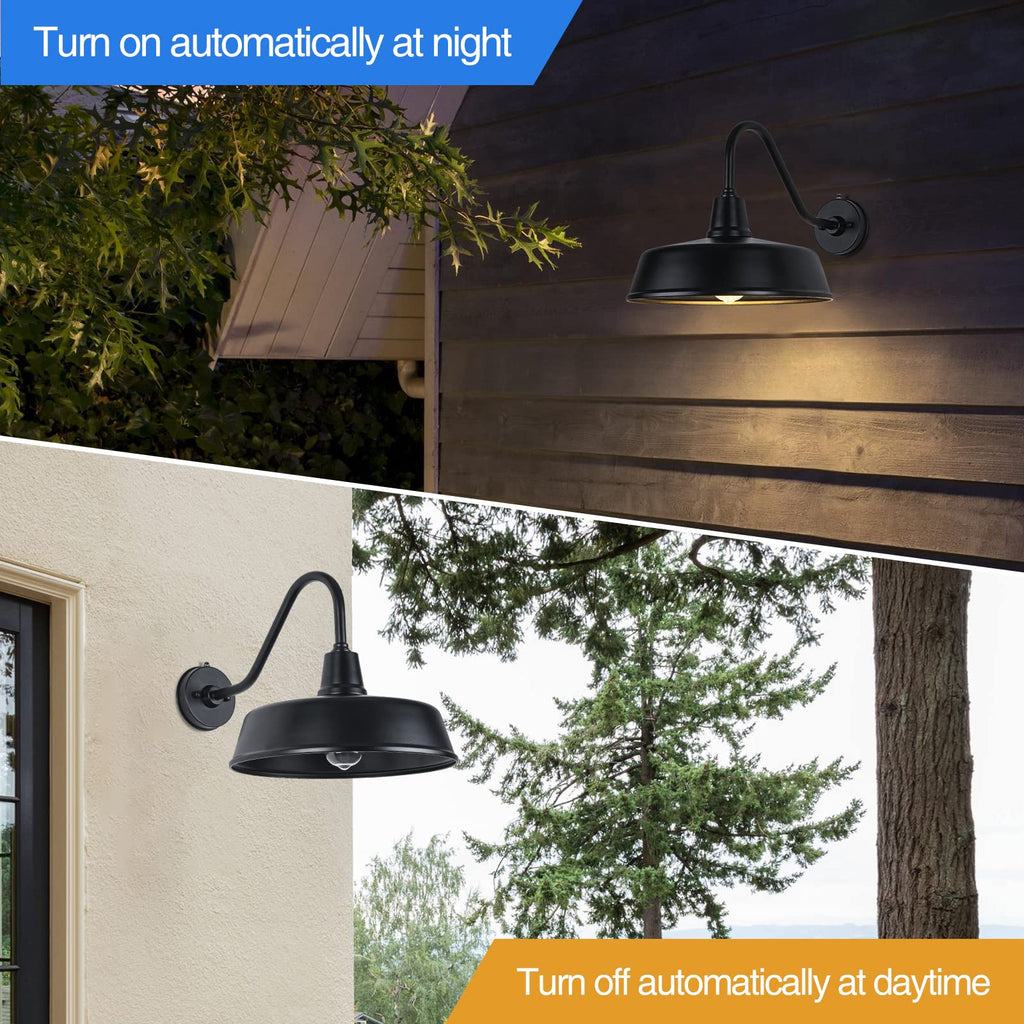 Barn Lights Outdoor Gooseneck Lighting, Dusk to Dawn Black Exterior Barn Lights for House, Farmhouse Wall Lighting Fixtures with Sensor for Porch Garage (1, 11" Diameter)
