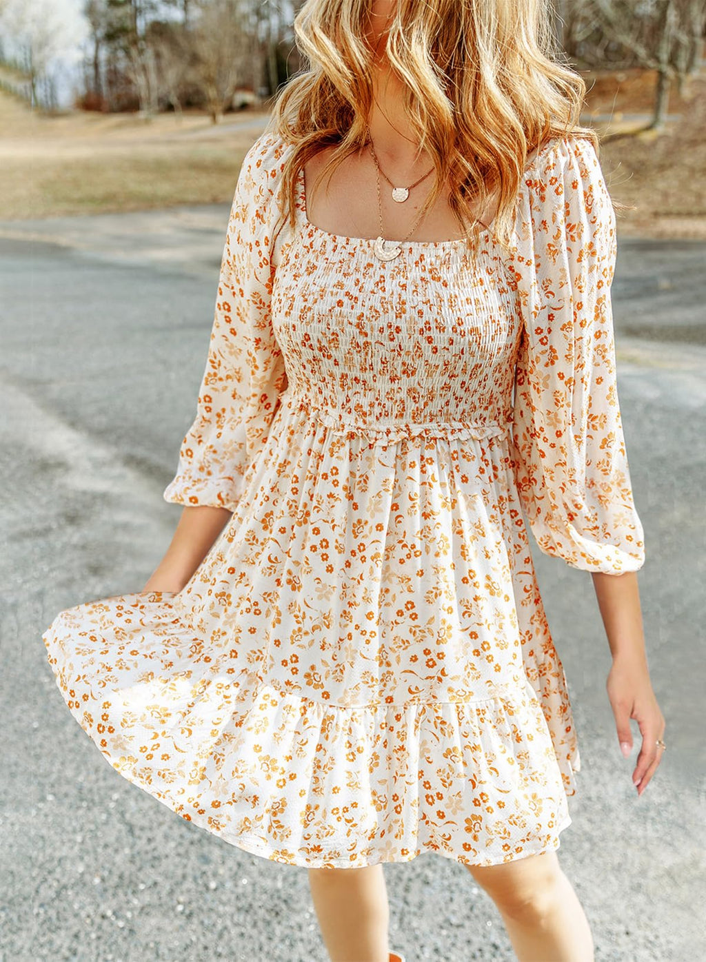 Dokotoo Fall Dresses for Women 2025 Boho Floral Square Neck Smocked 3/4 Sleeve Casual A-Line Swing Mini Dress Sundress