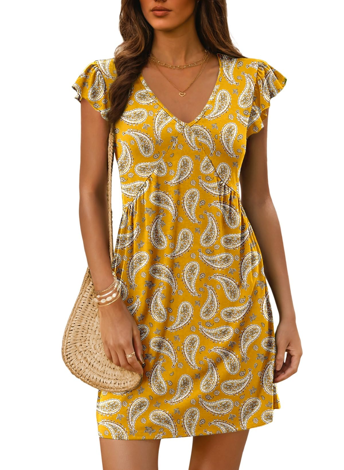 Dokotoo Women's Summer Dresses Beach 2026 Casual Deep V Neck Loose Sundress Ruffle Sleeve Mini Dress